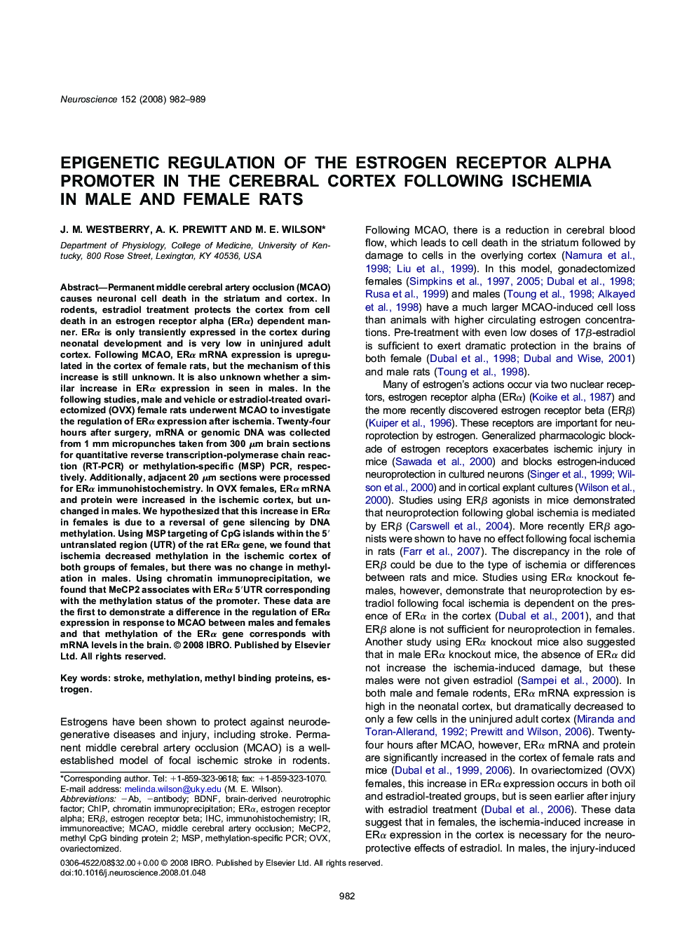 Epigenetic regulation of the estrogen receptor alpha promoter in the cerebral cortex following ischemia in male and female rats