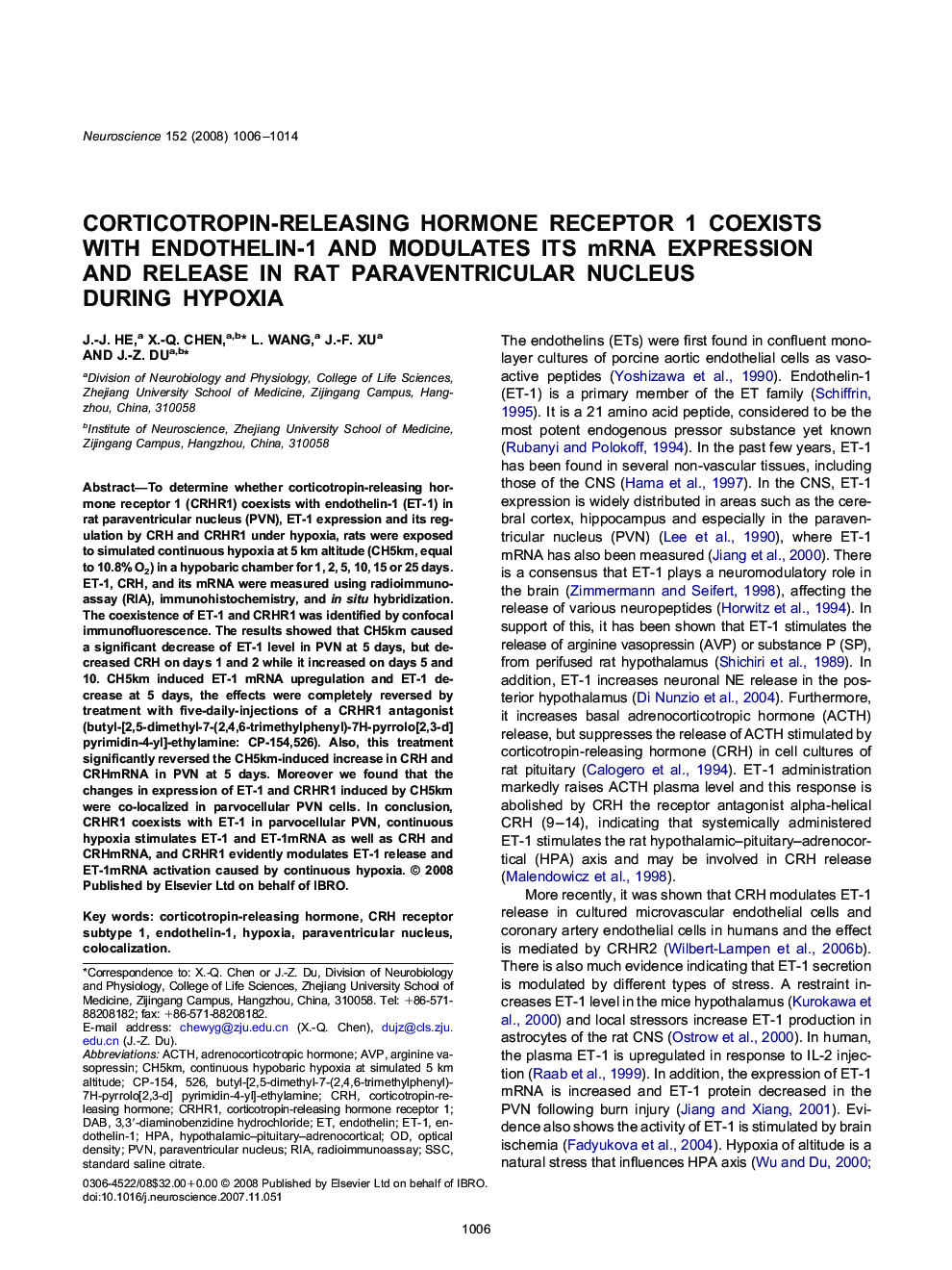 Corticotropin-releasing hormone receptor 1 coexists with endothelin-1 and modulates its mRNA expression and release in rat paraventricular nucleus during hypoxia