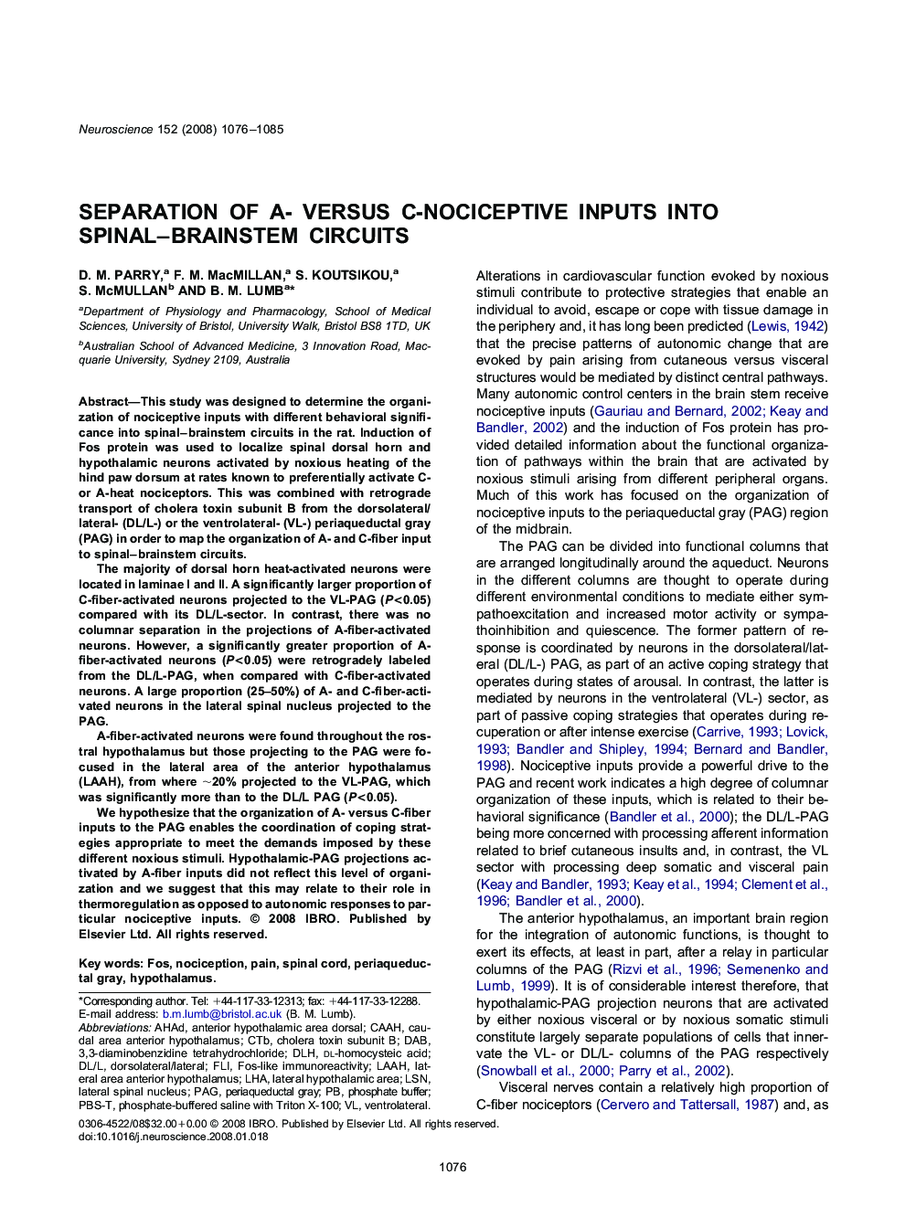 Separation of A- versus C-nociceptive inputs into spinal-brainstem circuits