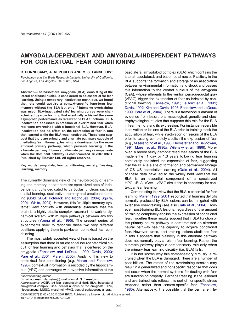 Amygdala-dependent and amygdala-independent pathways for contextual fear conditioning