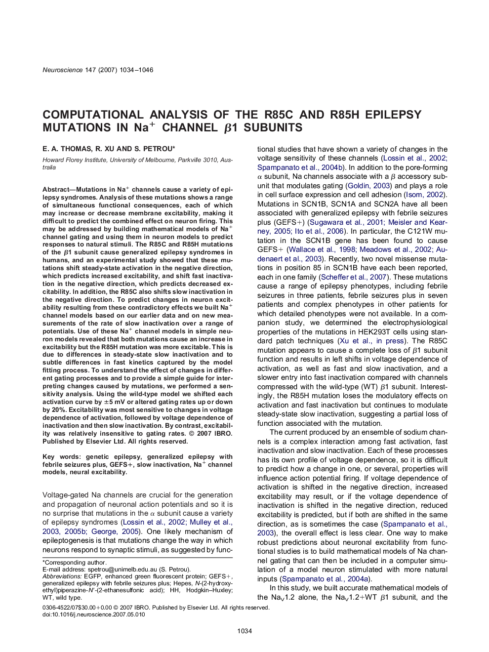 Molecular neuroscienceComputational analysis of the R85C and R85H epilepsy mutations in Na+ channel Î²1 subunits