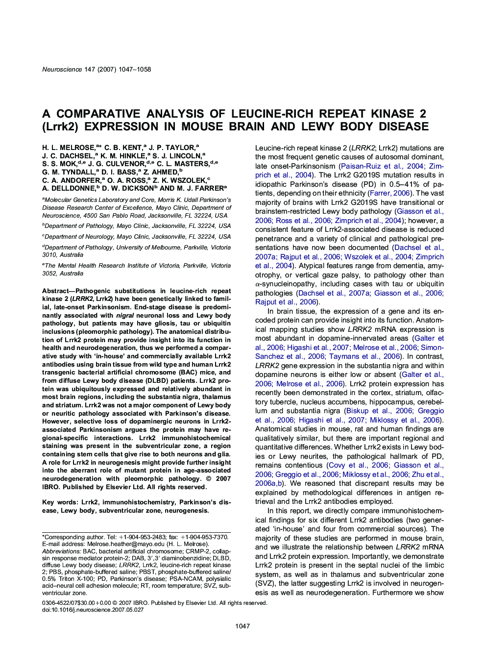 A comparative analysis of leucine-rich repeat kinase 2 (Lrrk2) expression in mouse brain and Lewy body disease