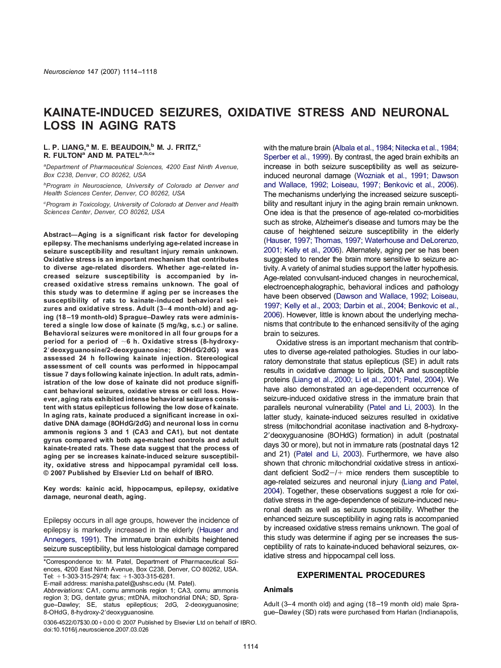 Kainate-induced seizures, oxidative stress and neuronal loss in aging rats