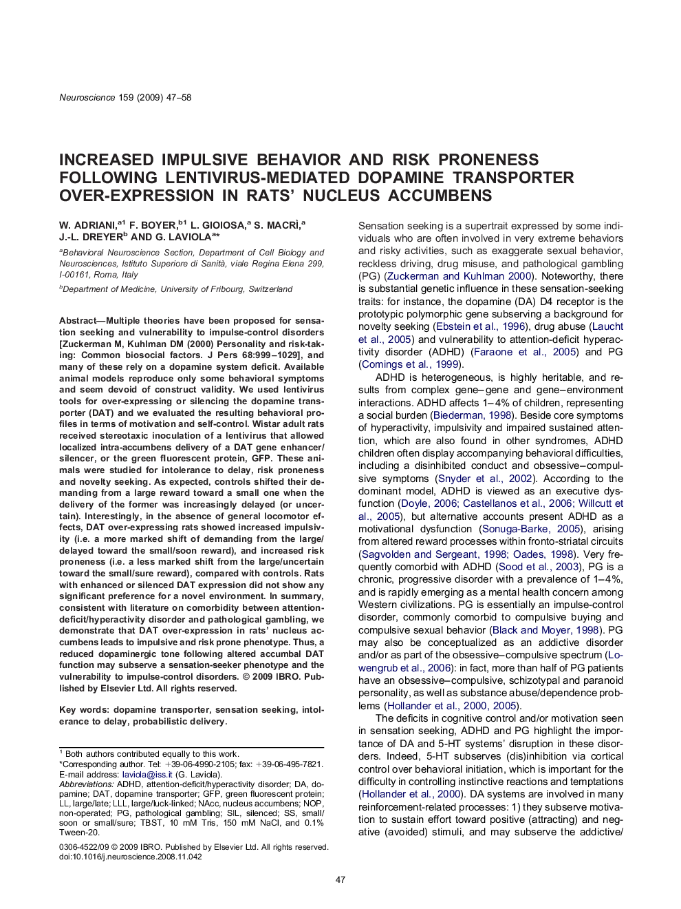 Increased impulsive behavior and risk proneness following lentivirus-mediated dopamine transporter over-expression in rats' nucleus accumbens