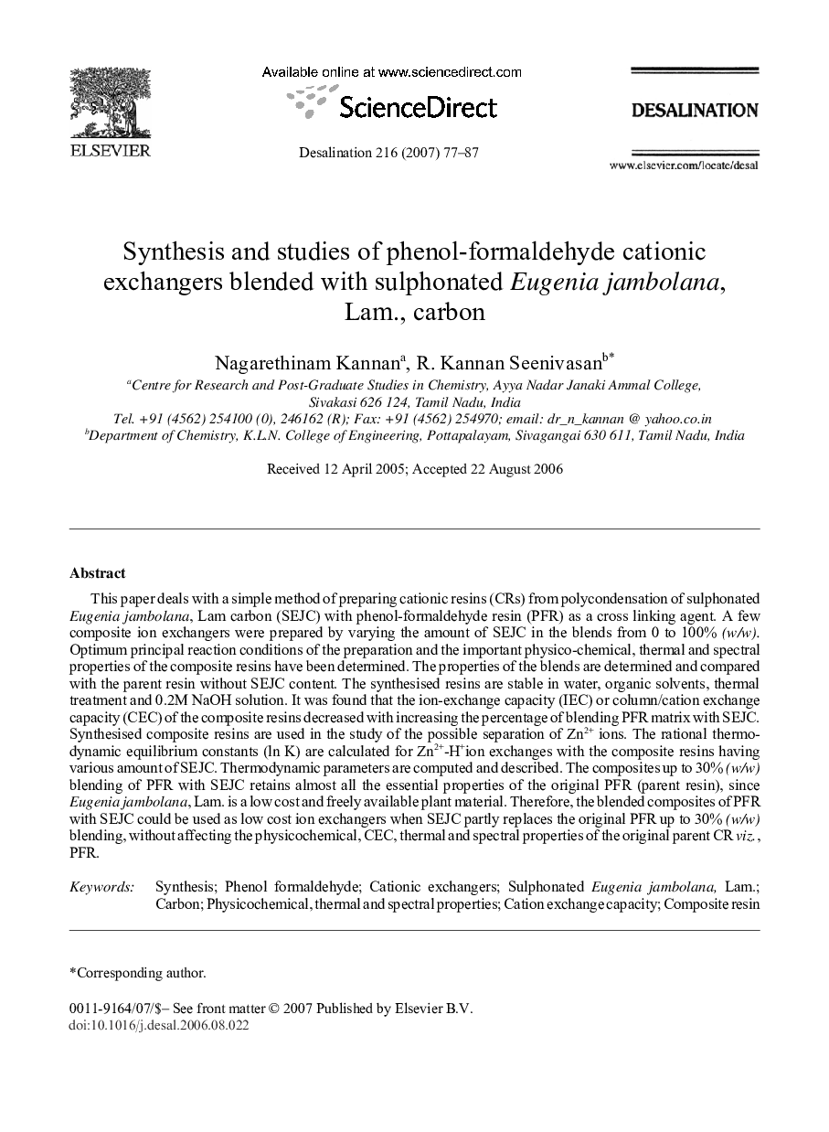 Synthesis and studies of phenol-formaldehyde cationic exchangers blended with sulphonated Eugenia jambolana, Lam., carbon