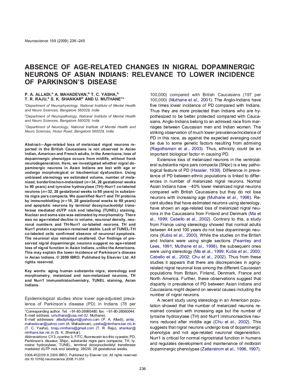 Absence of age-related changes in nigral dopaminergic neurons of Asian Indians: Relevance to lower incidence of Parkinson's disease