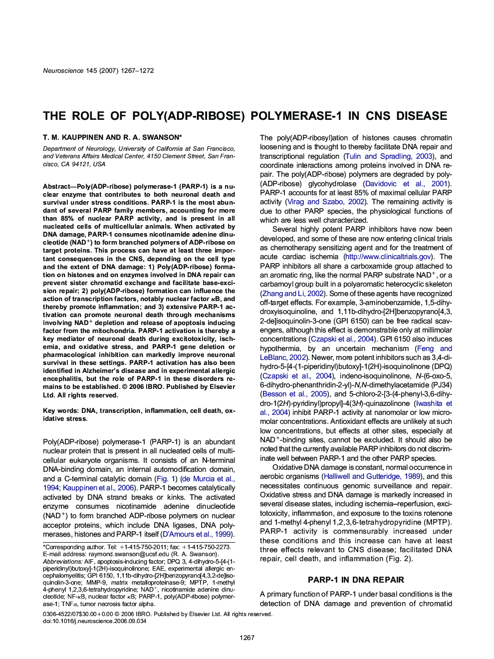 The role of poly(ADP-ribose) polymerase-1 in CNS disease