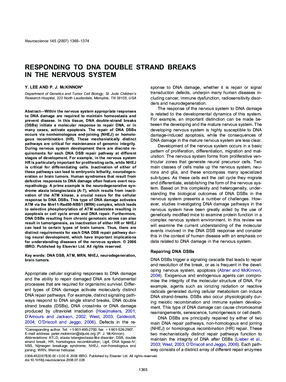 Responding to DNA double strand breaks in the nervous system