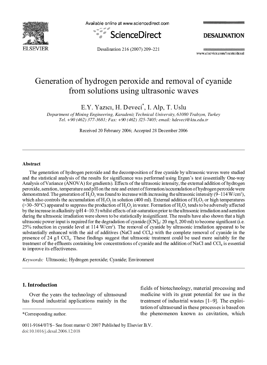 Generation of hydrogen peroxide and removal of cyanide from solutions using ultrasonic waves