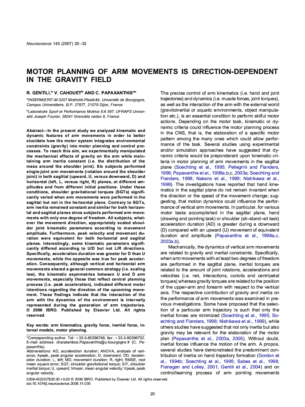 Motor planning of arm movements is direction-dependent in the gravity field