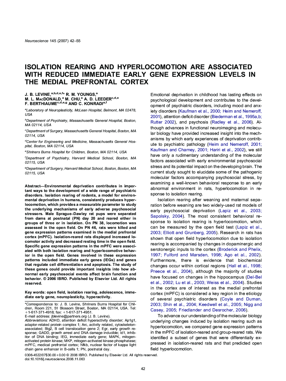 عکس صفحه اول مقاله: Isolation rearing and hyperlocomotion are associated with reduced immediate early gene expression levels in the medial prefrontal cortex Isolation rearing and hyperlocomotion are associated with reduced immediate early gene expression levels in the medial prefrontal cortex