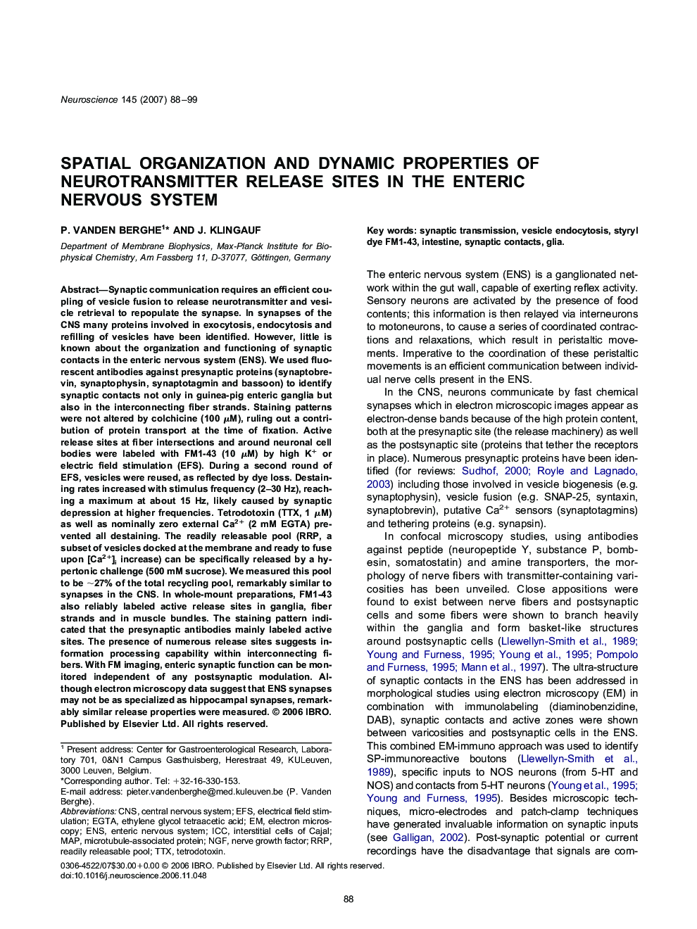 Spatial organization and dynamic properties of neurotransmitter release sites in the enteric nervous system