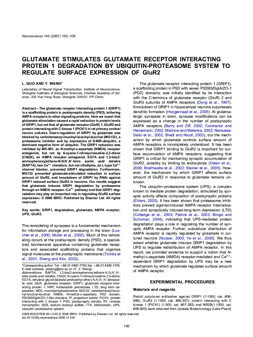 Glutamate stimulates glutamate receptor interacting protein 1 degradation by ubiquitin-proteasome system to regulate surface expression of GluR2