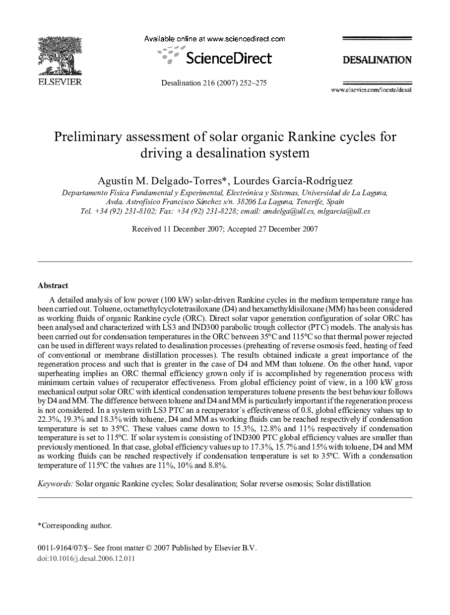 Preliminary assessment of solar organic Rankine cycles for driving a desalination system