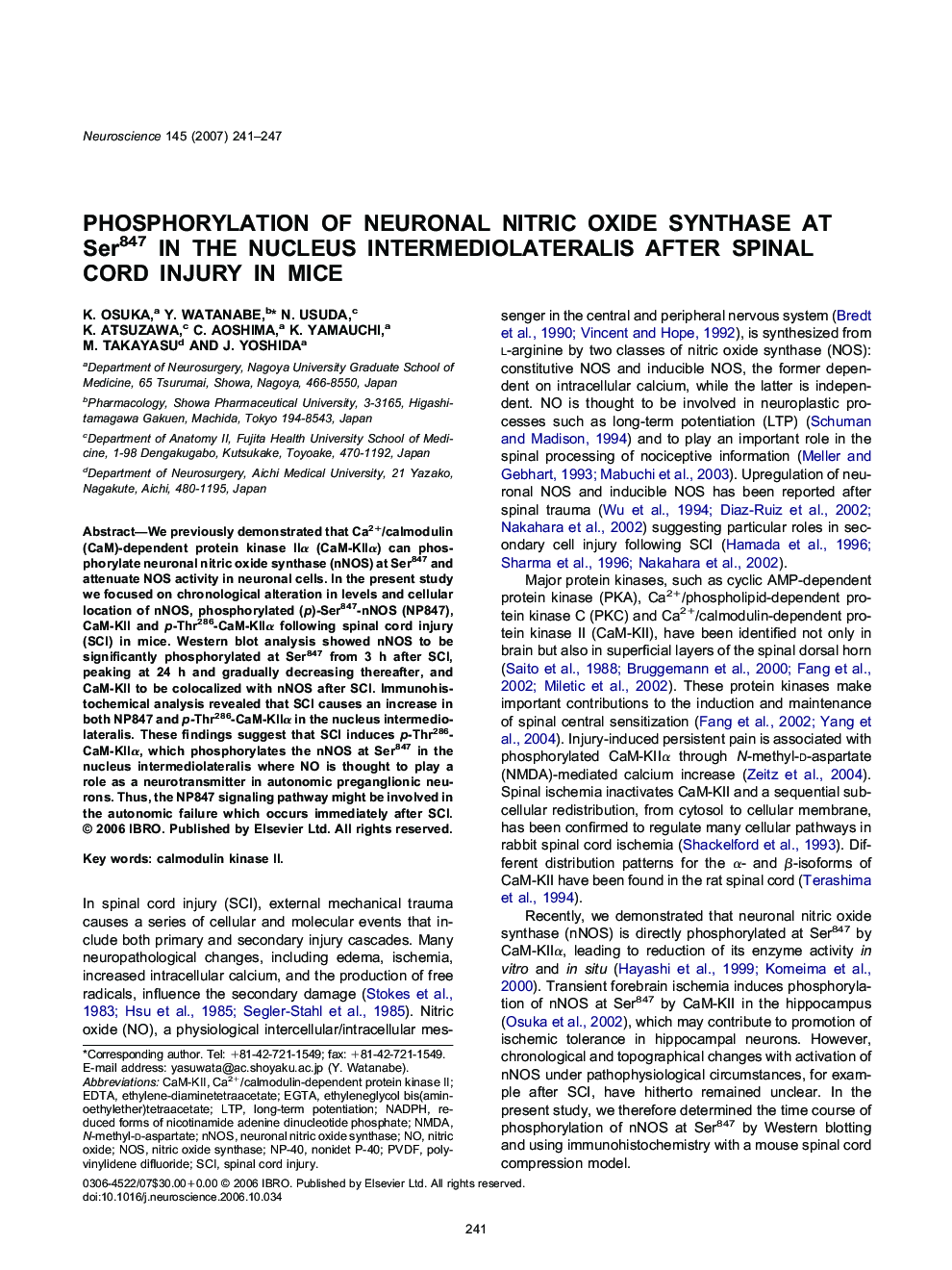 Molecular neurosciencePhosphorylation of neuronal nitric oxide synthase at Ser847 in the nucleus intermediolateralis after spinal cord injury in mice