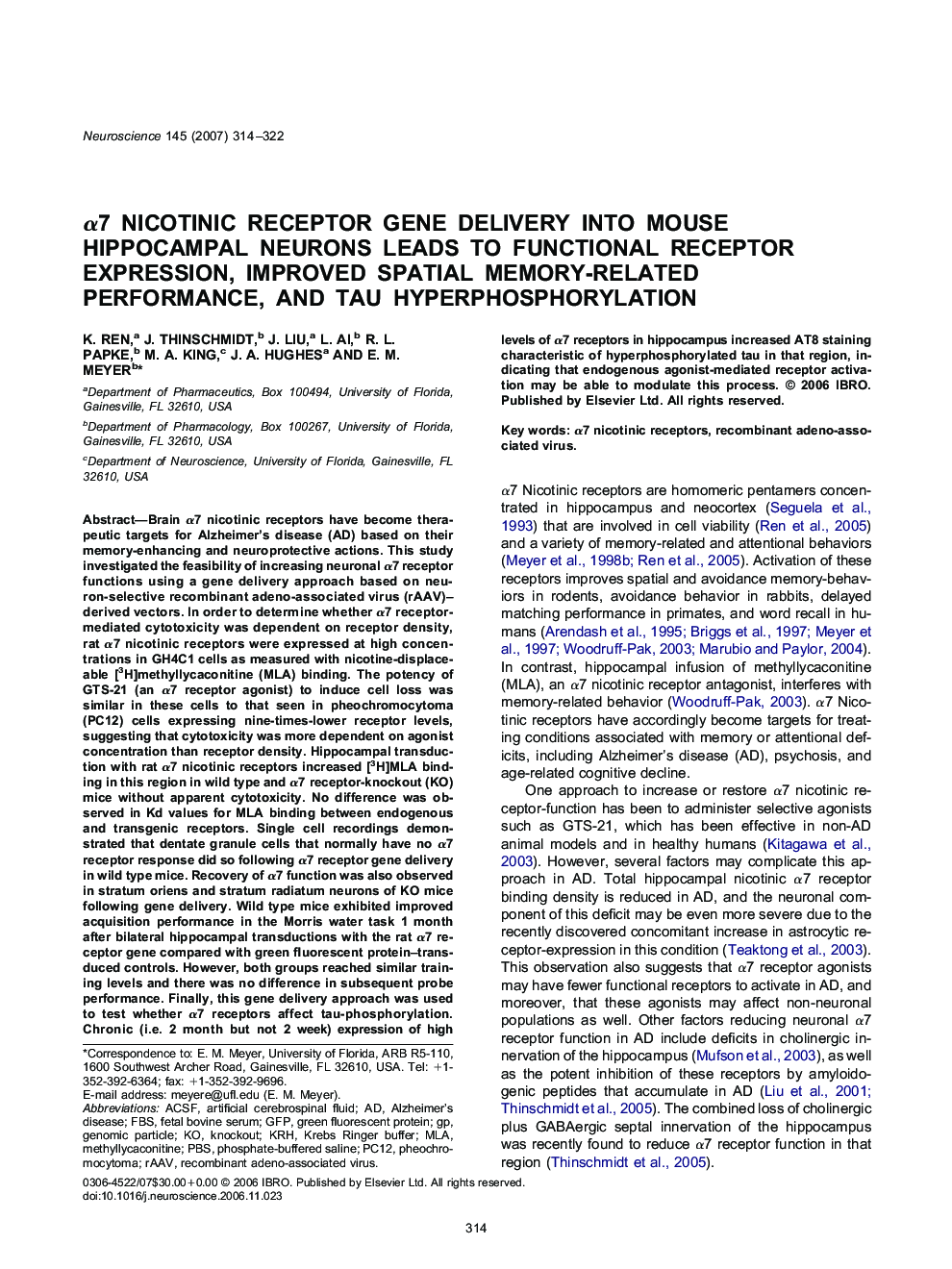 Î±7 Nicotinic receptor gene delivery into mouse hippocampal neurons leads to functional receptor expression, improved spatial memory-related performance, and tau hyperphosphorylation