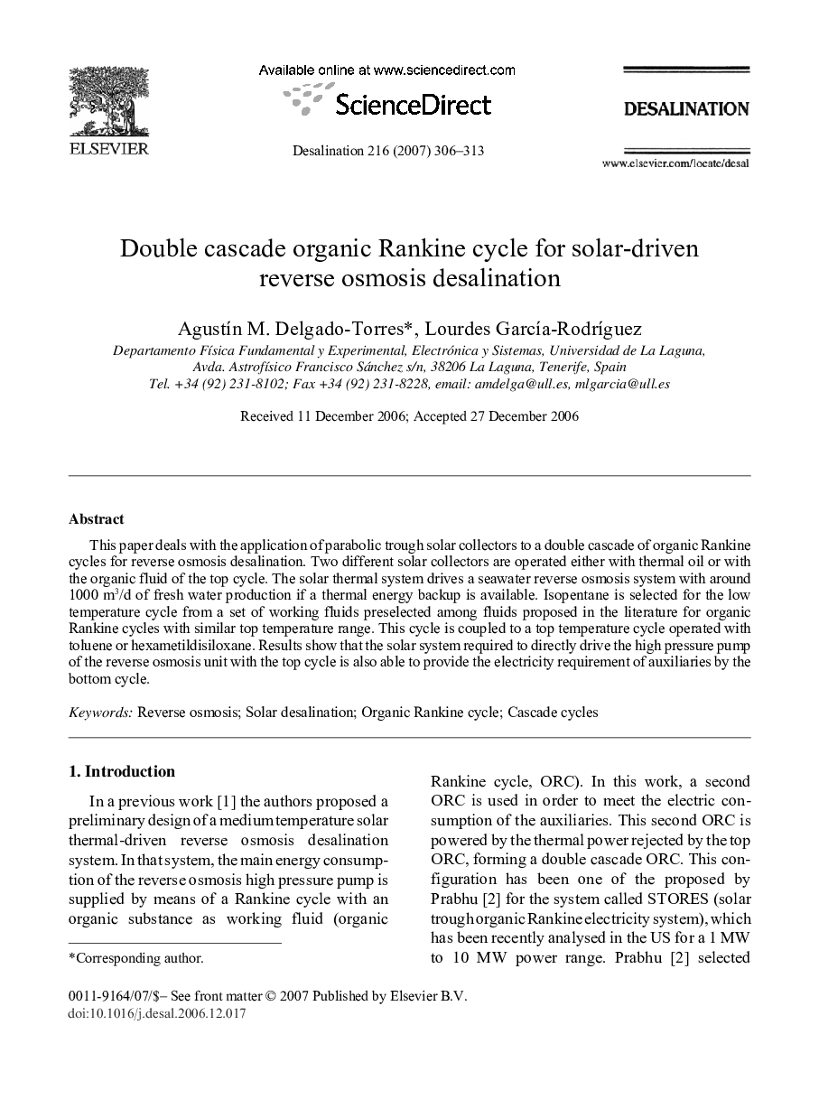 Double cascade organic Rankine cycle for solar-driven reverse osmosis desalination