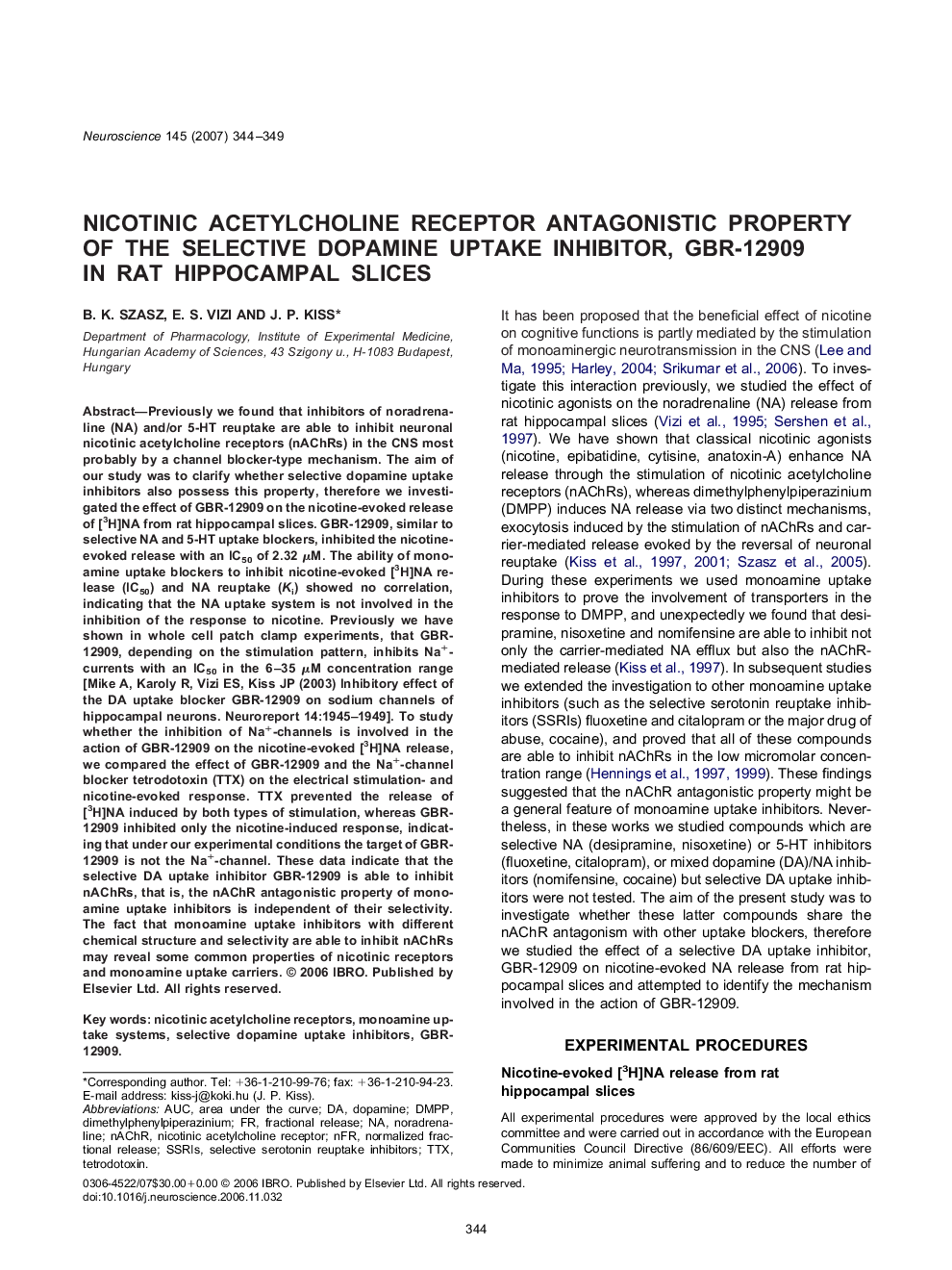 Nicotinic acetylcholine receptor antagonistic property of the selective dopamine uptake inhibitor, GBR-12909 in rat hippocampal slices