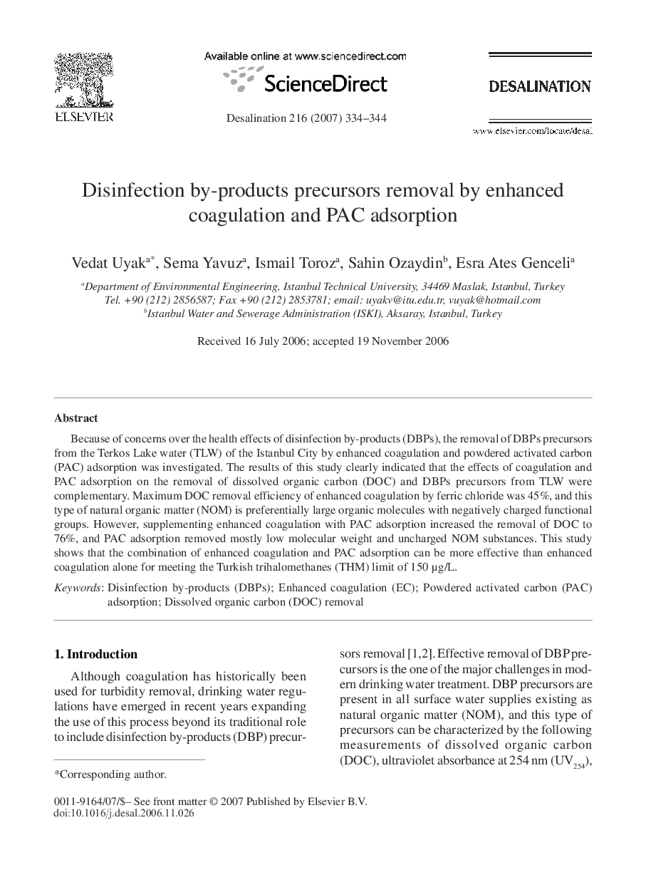 Disinfection by-products precursors removal by enhanced coagulation and PAC adsorption