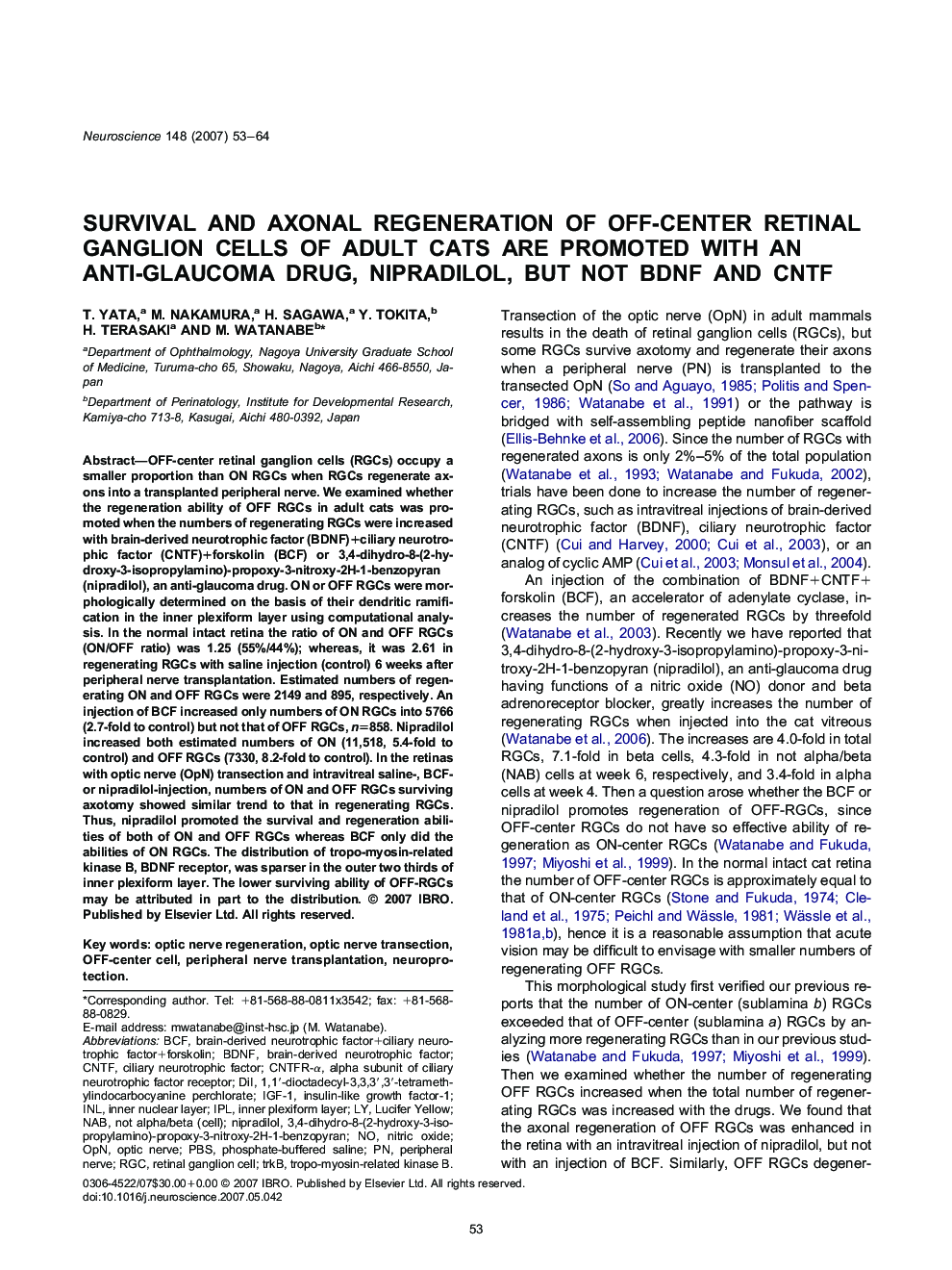 Survival and axonal regeneration of off-center retinal ganglion cells of adult cats are promoted with an anti-glaucoma drug, nipradilol, but not BDNF and CNTF