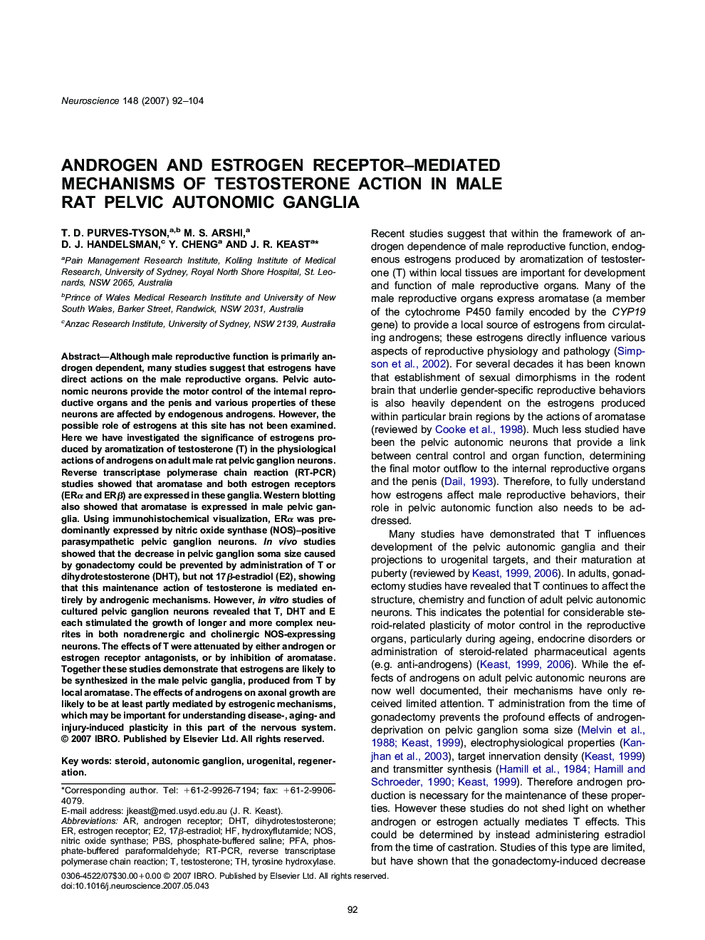 Androgen and estrogen receptor-mediated mechanisms of testosterone action in male rat pelvic autonomic ganglia