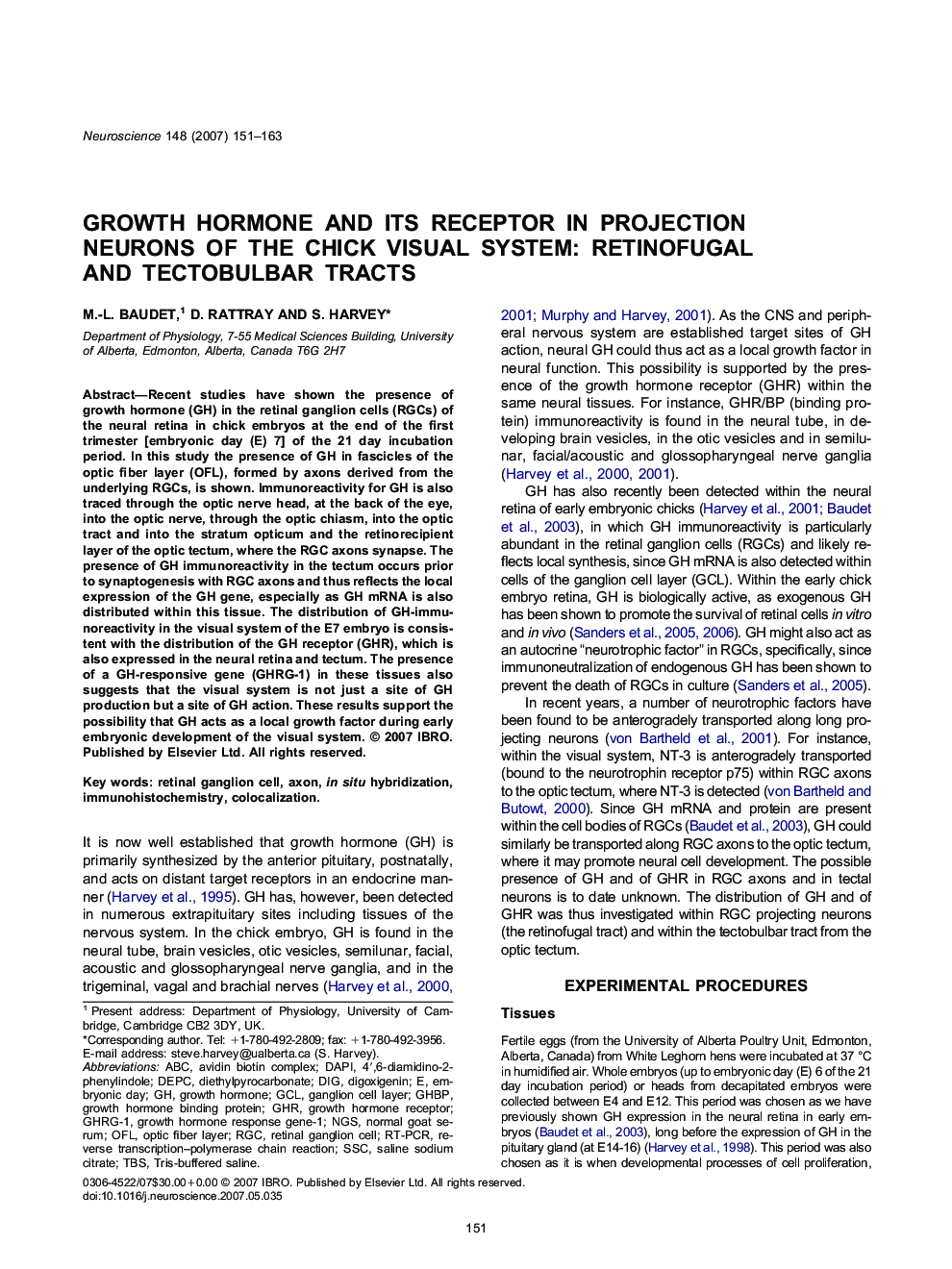 Growth hormone and its receptor in projection neurons of the chick visual system: Retinofugal and tectobulbar tracts