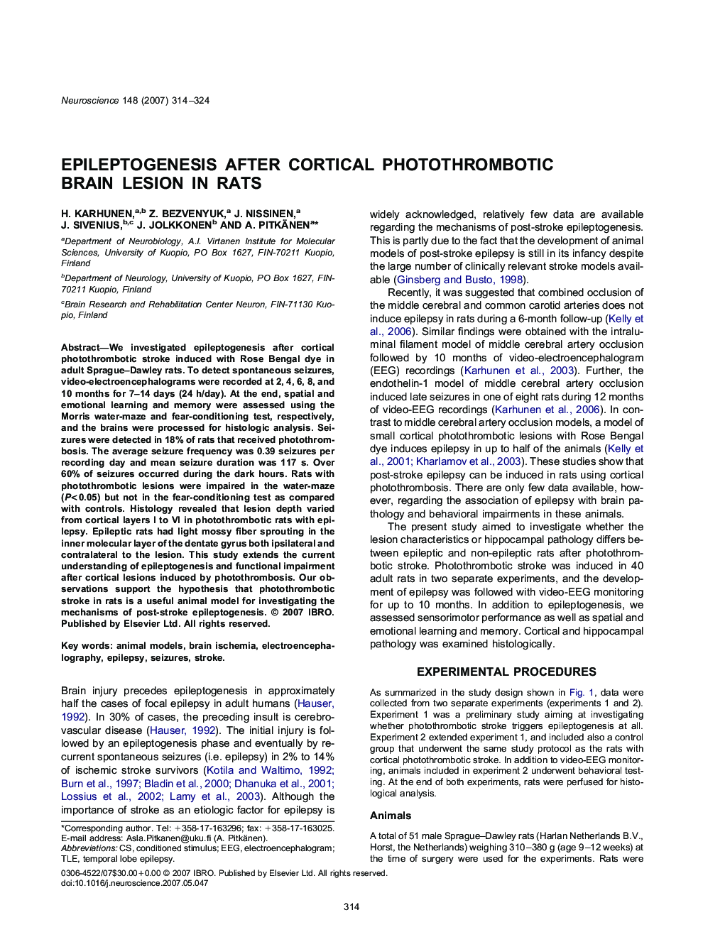 Epileptogenesis after cortical photothrombotic brain lesion in rats