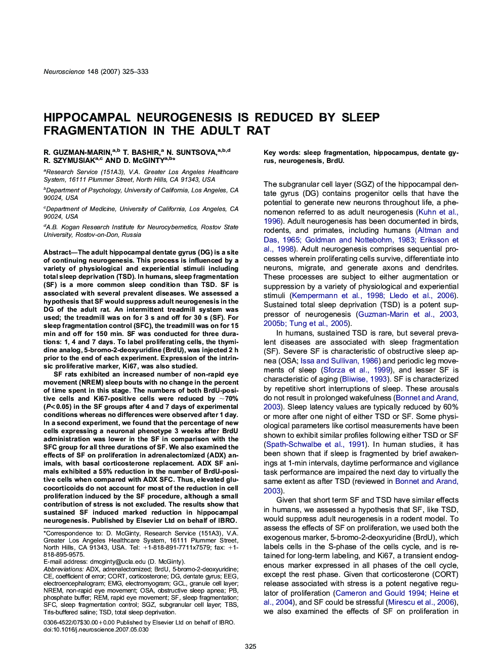 Hippocampal neurogenesis is reduced by sleep fragmentation in the adult rat