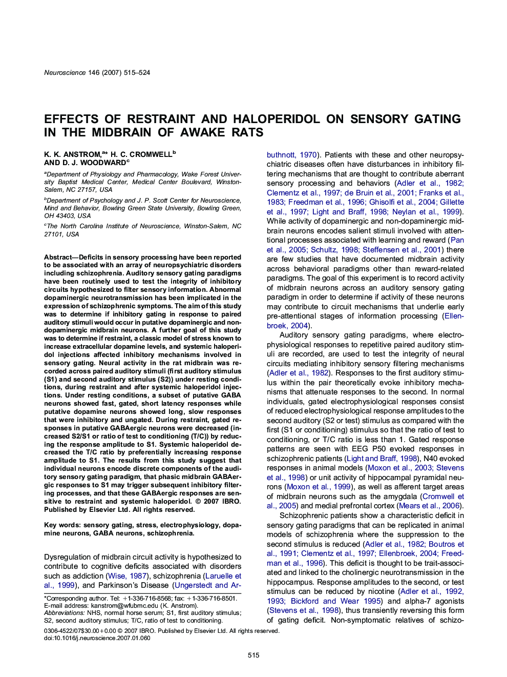 عکس صفحه اول مقاله: Effects of restraint and haloperidol on sensory gating in the midbrain of awake rats Effects of restraint and haloperidol on sensory gating in the midbrain of awake rats