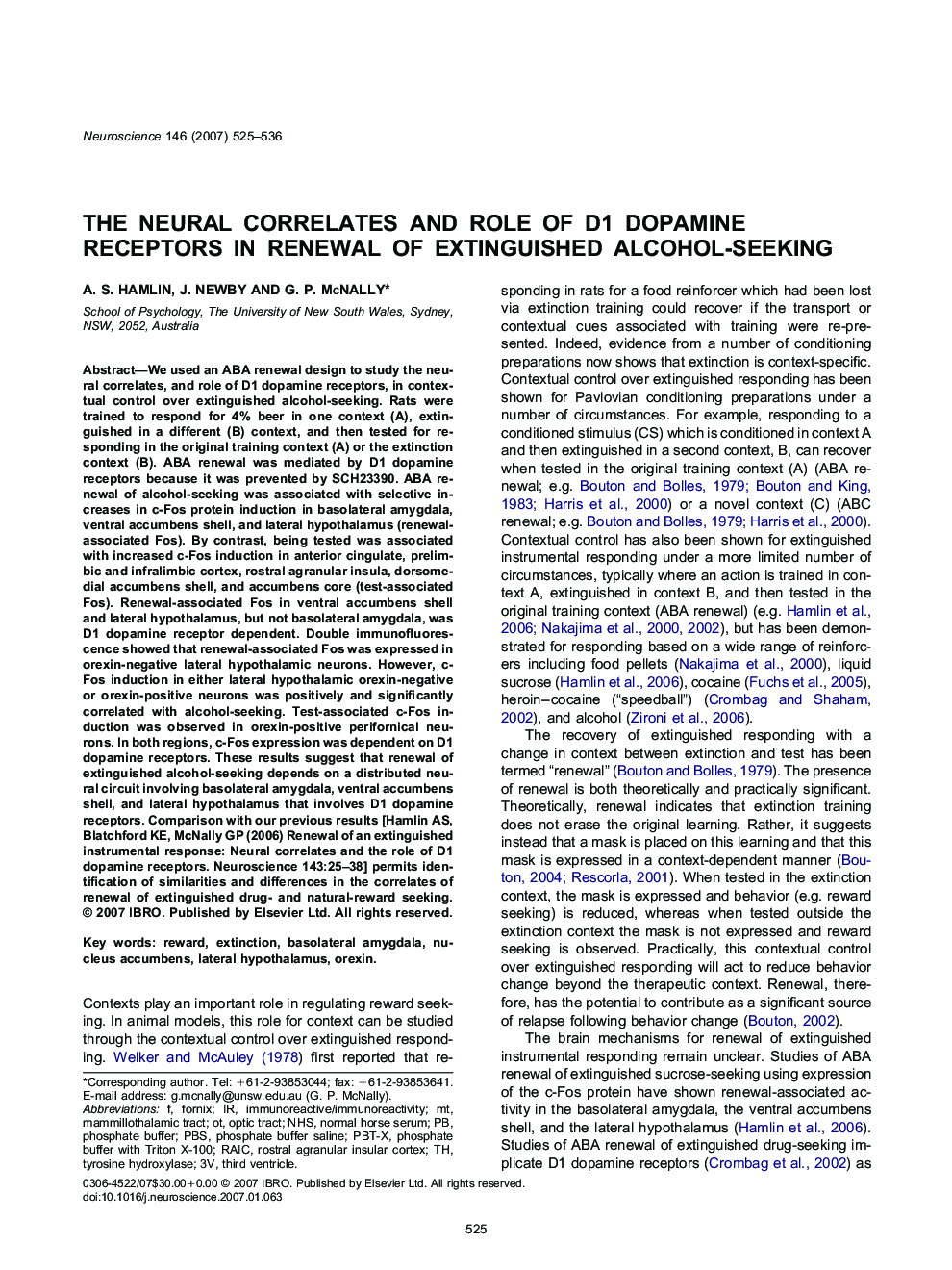 The neural correlates and role of D1 dopamine receptors in renewal of extinguished alcohol-seeking