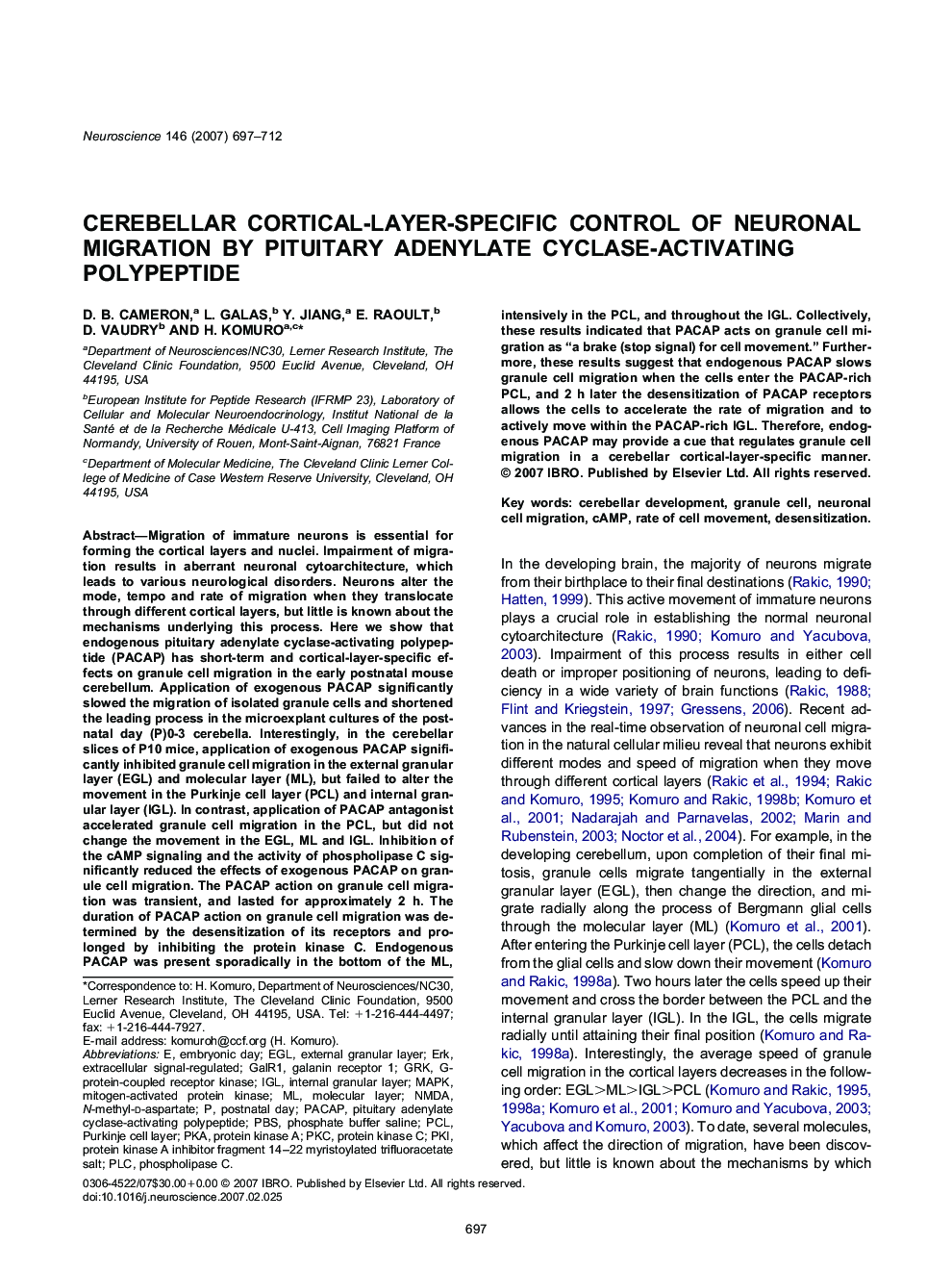 Cerebellar cortical-layer-specific control of neuronal migration by pituitary adenylate cyclase-activating polypeptide