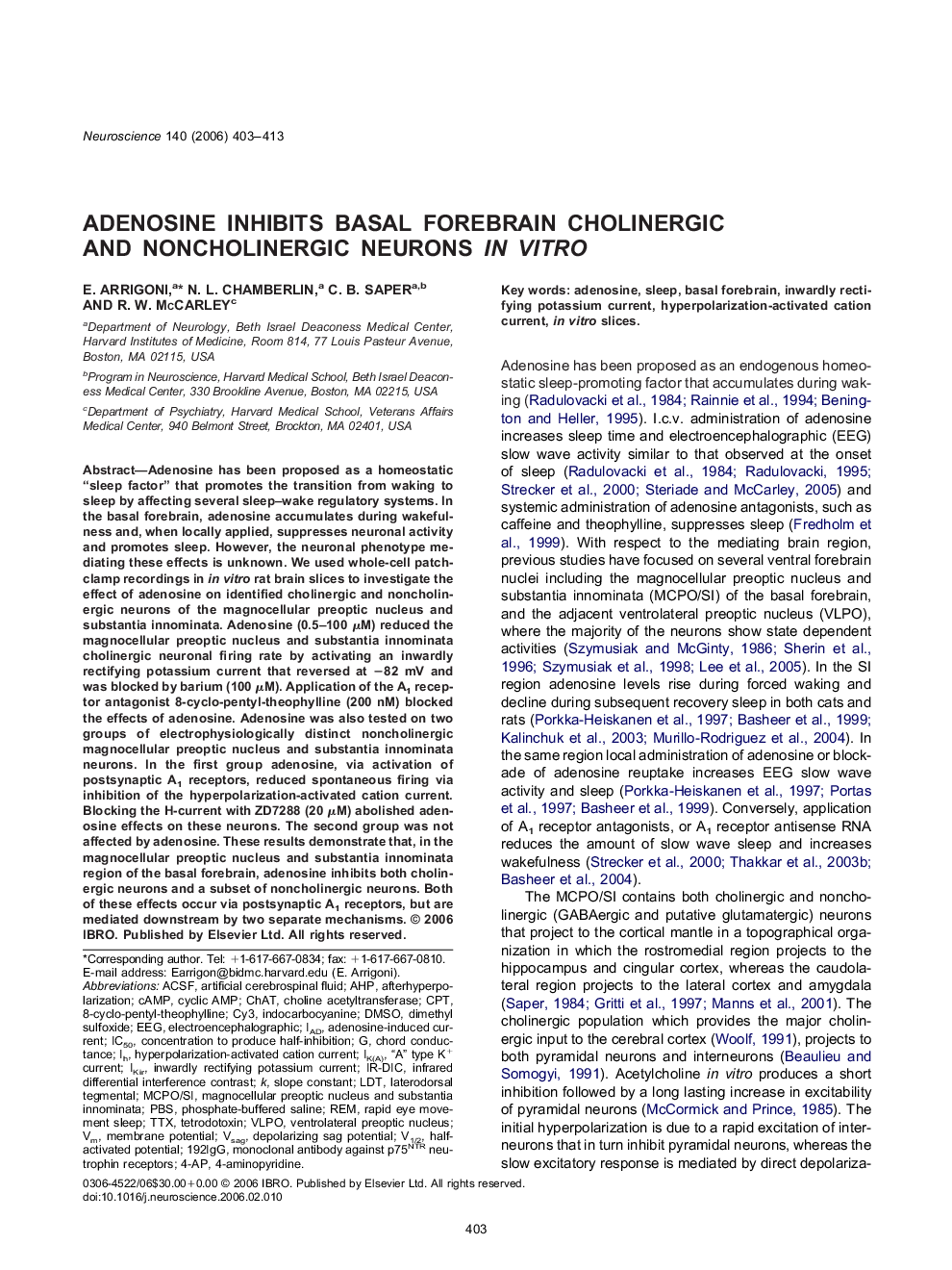 Adenosine inhibits basal forebrain cholinergic and noncholinergic neurons in vitro