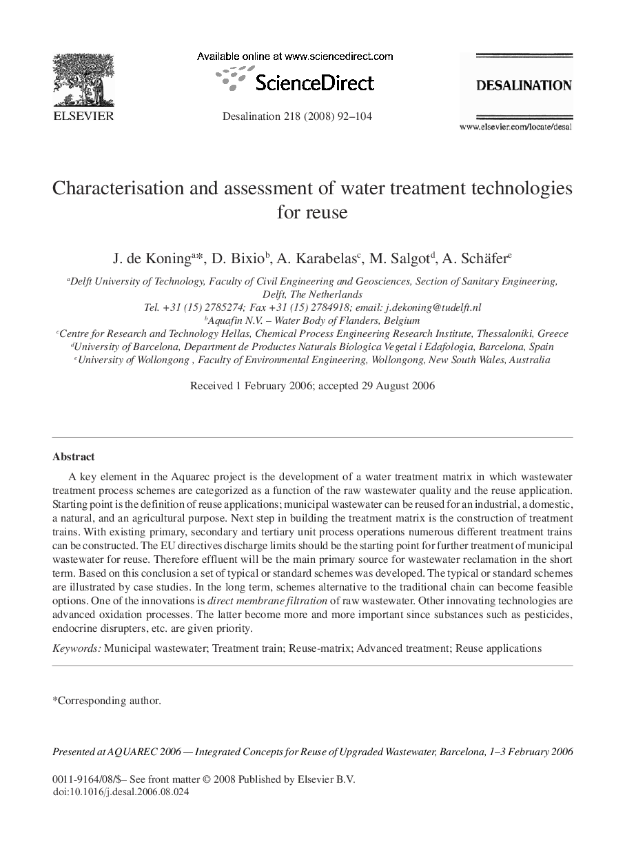 Characterisation and assessment of water treatment technologies for reuse