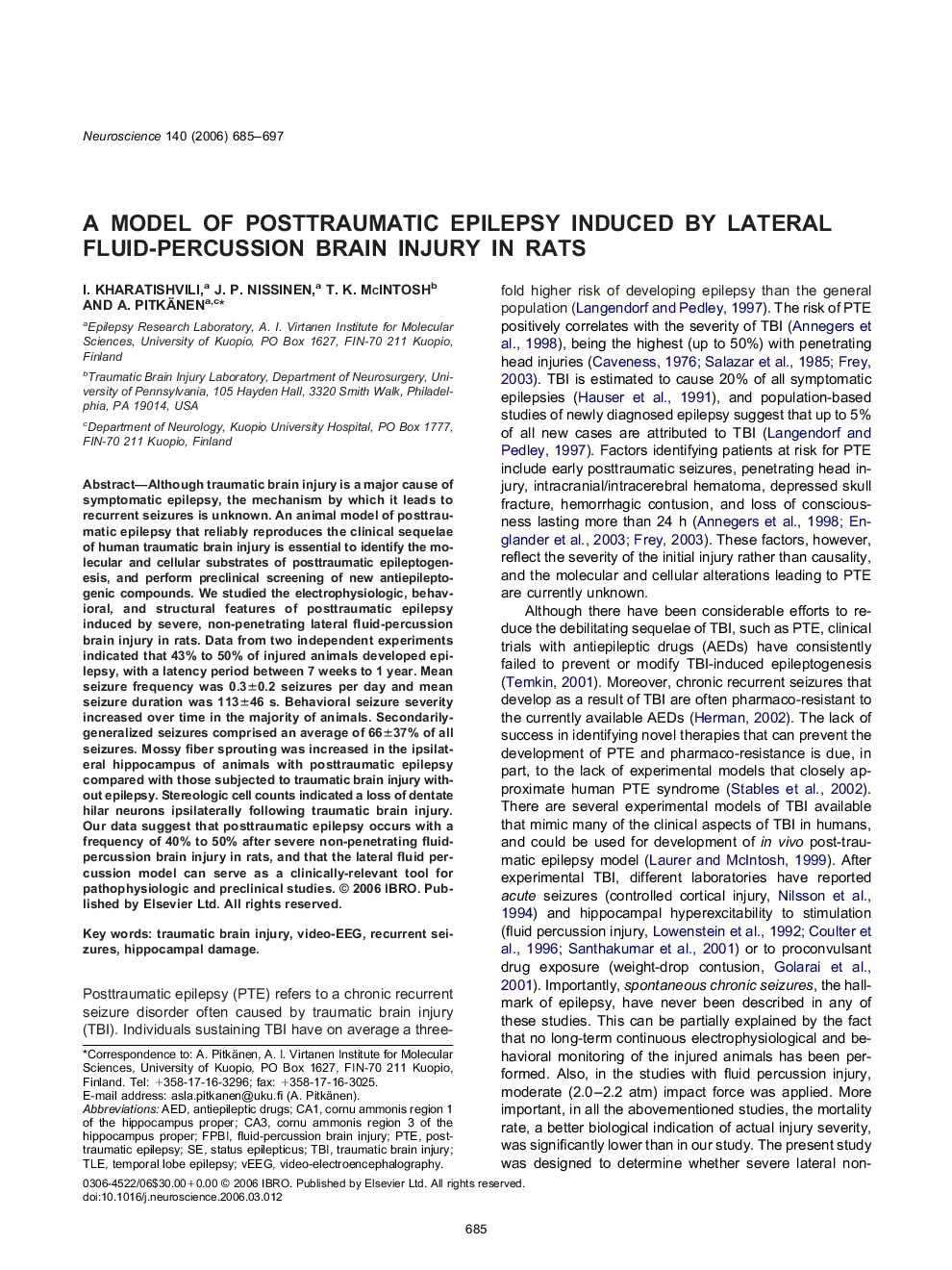 System neuroscienceA model of posttraumatic epilepsy induced by lateral fluid-percussion brain injury in rats