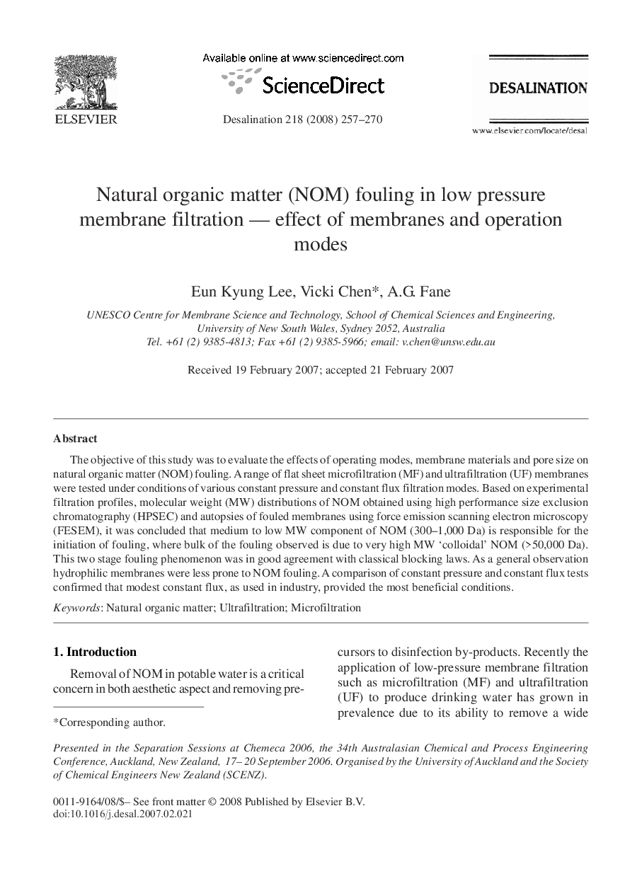 Natural organic matter (NOM) fouling in low pressure membrane filtration — effect of membranes and operation modes