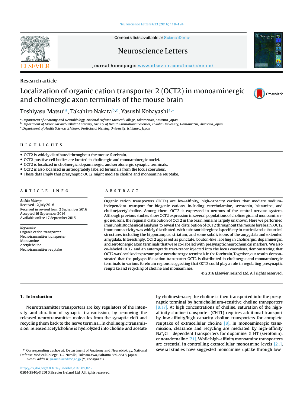 Localization of organic cation transporter 2 (OCT2) in monoaminergic and cholinergic axon terminals of the mouse brain