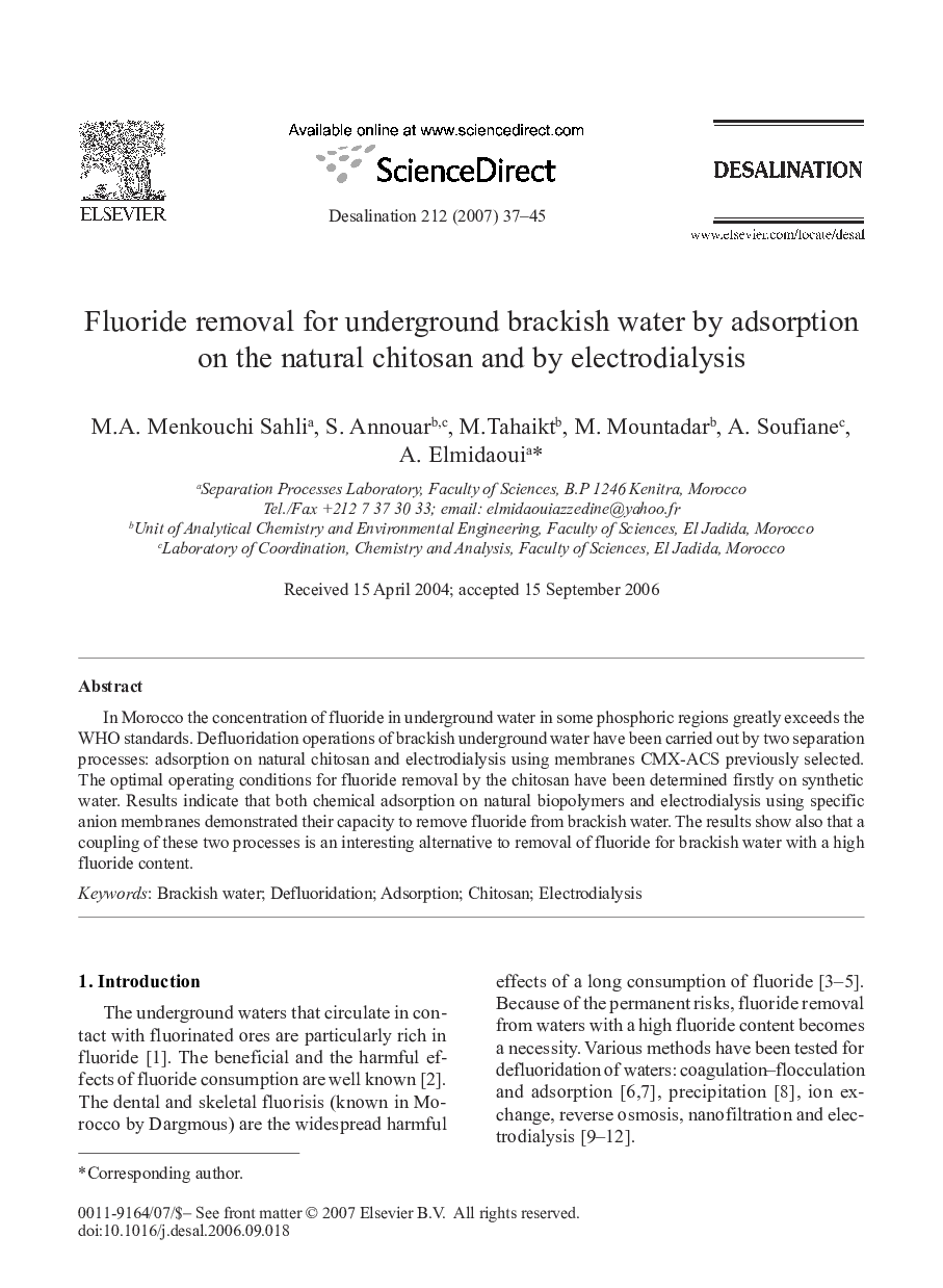 Fluoride removal for underground brackish water by adsorption on the natural chitosan and by electrodialysis