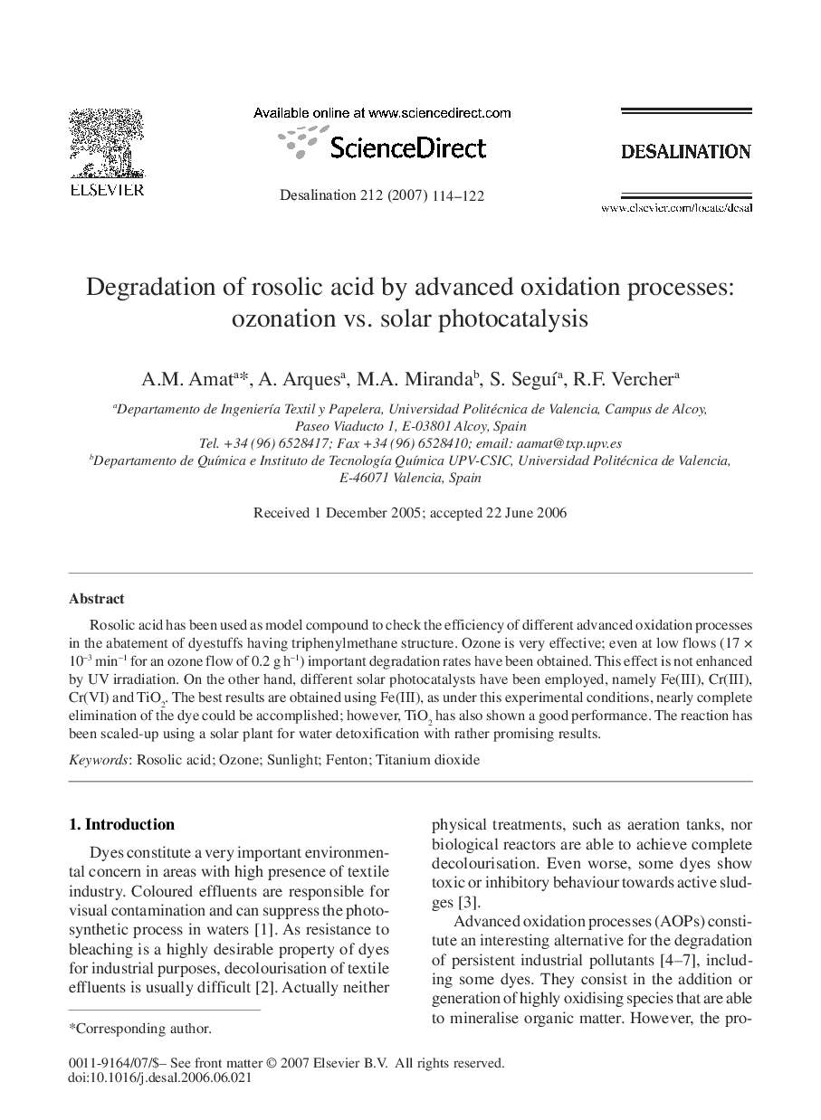 Degradation of rosolic acid by advanced oxidation processes: ozonation vs. solar photocatalysis