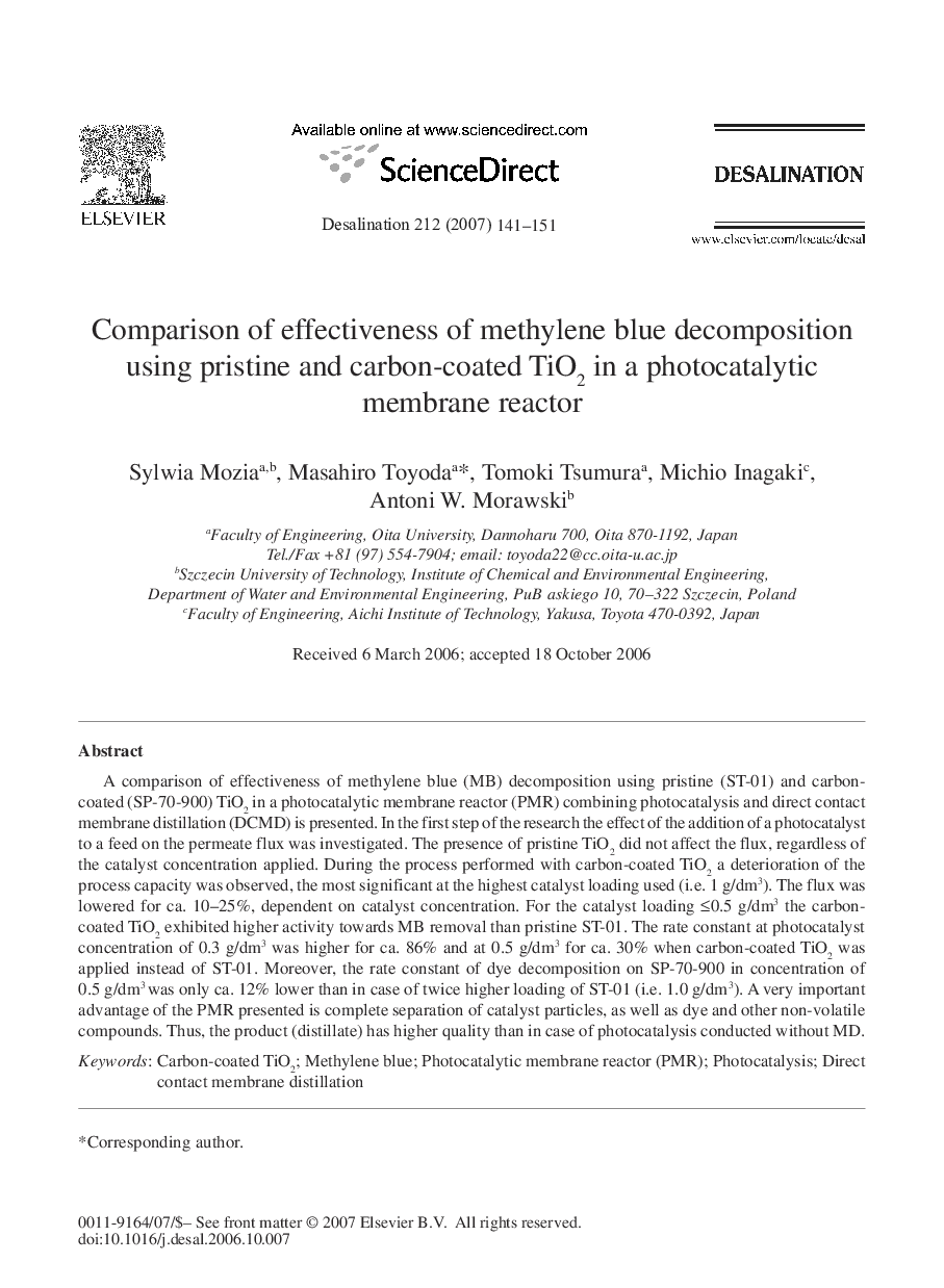 Comparison of effectiveness of methylene blue decomposition using pristine and carbon-coated TiO2 in a photocatalytic membrane reactor