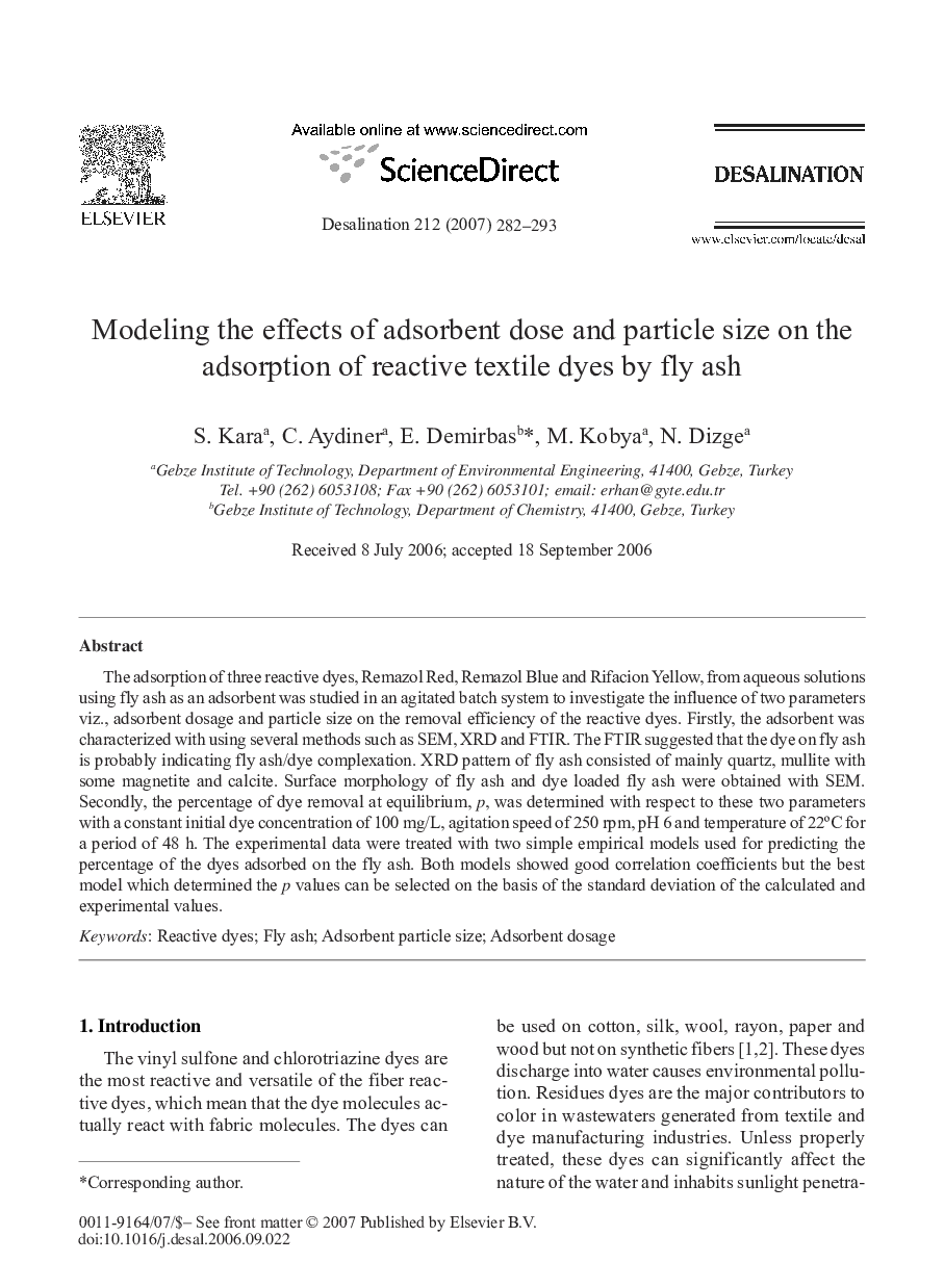 Modeling the effects of adsorbent dose and particle size on the adsorption of reactive textile dyes by fly ash