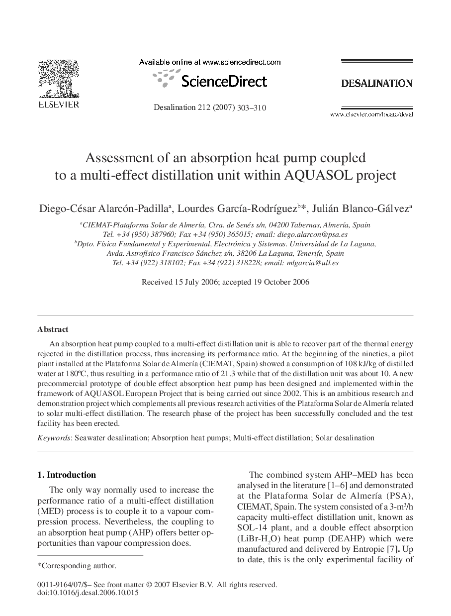 Assessment of an absorption heat pump coupled to a multi-effect distillation unit within AQUASOL project