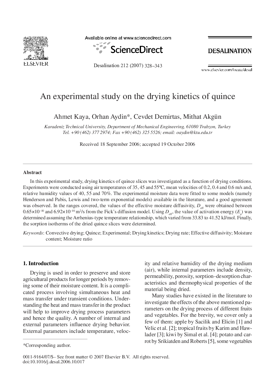 An experimental study on the drying kinetics of quince