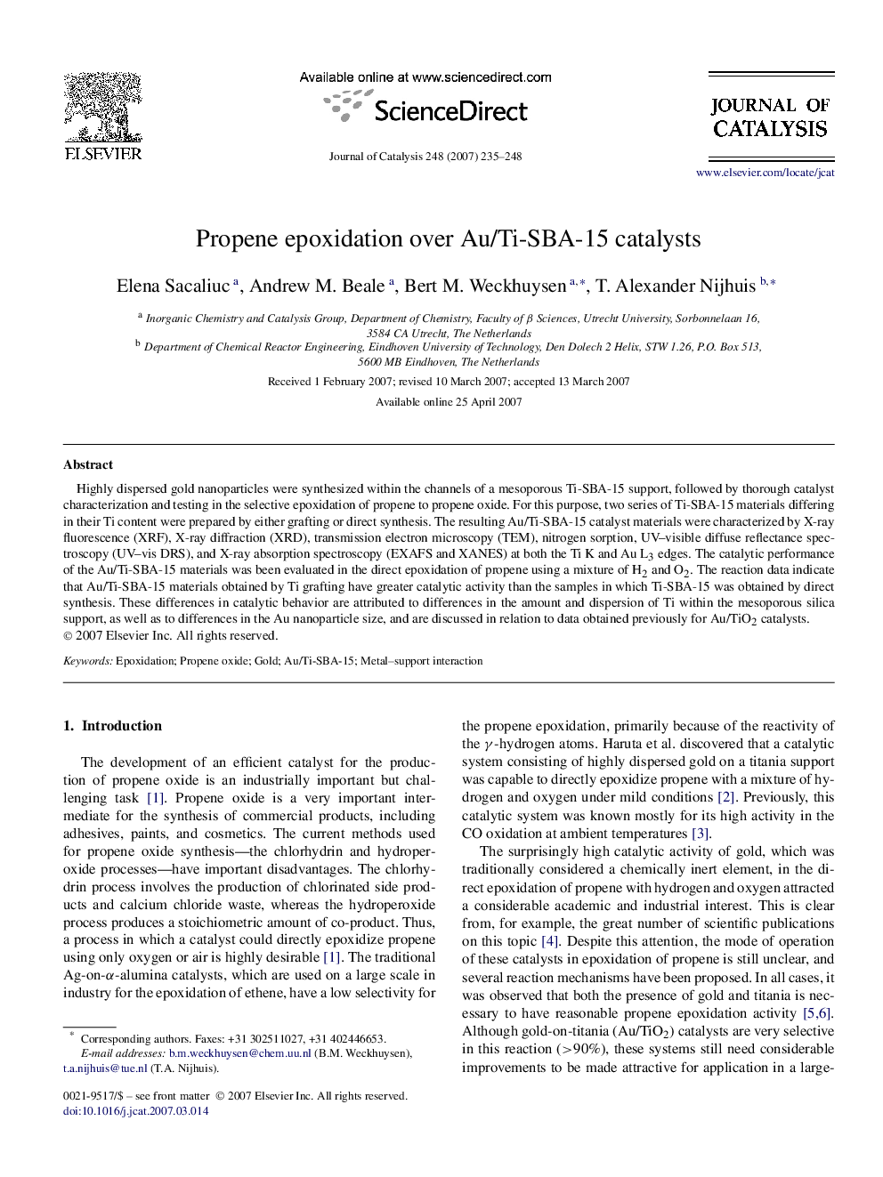 Propene epoxidation over Au/Ti-SBA-15 catalysts