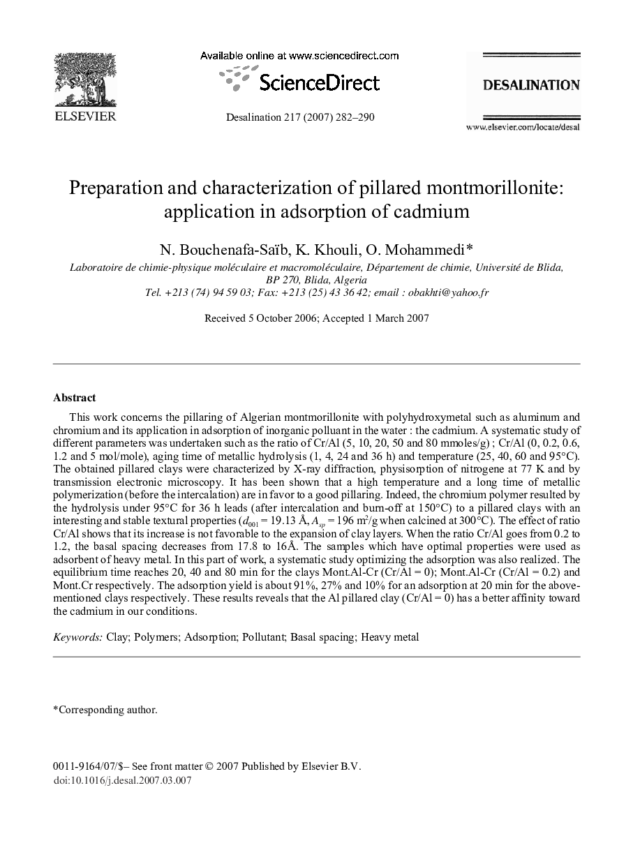 عکس صفحه اول مقاله: Preparation and characterization of pillared montmorillonite: application in adsorption of cadmium Preparation and characterization of pillared montmorillonite: application in adsorption of cadmium