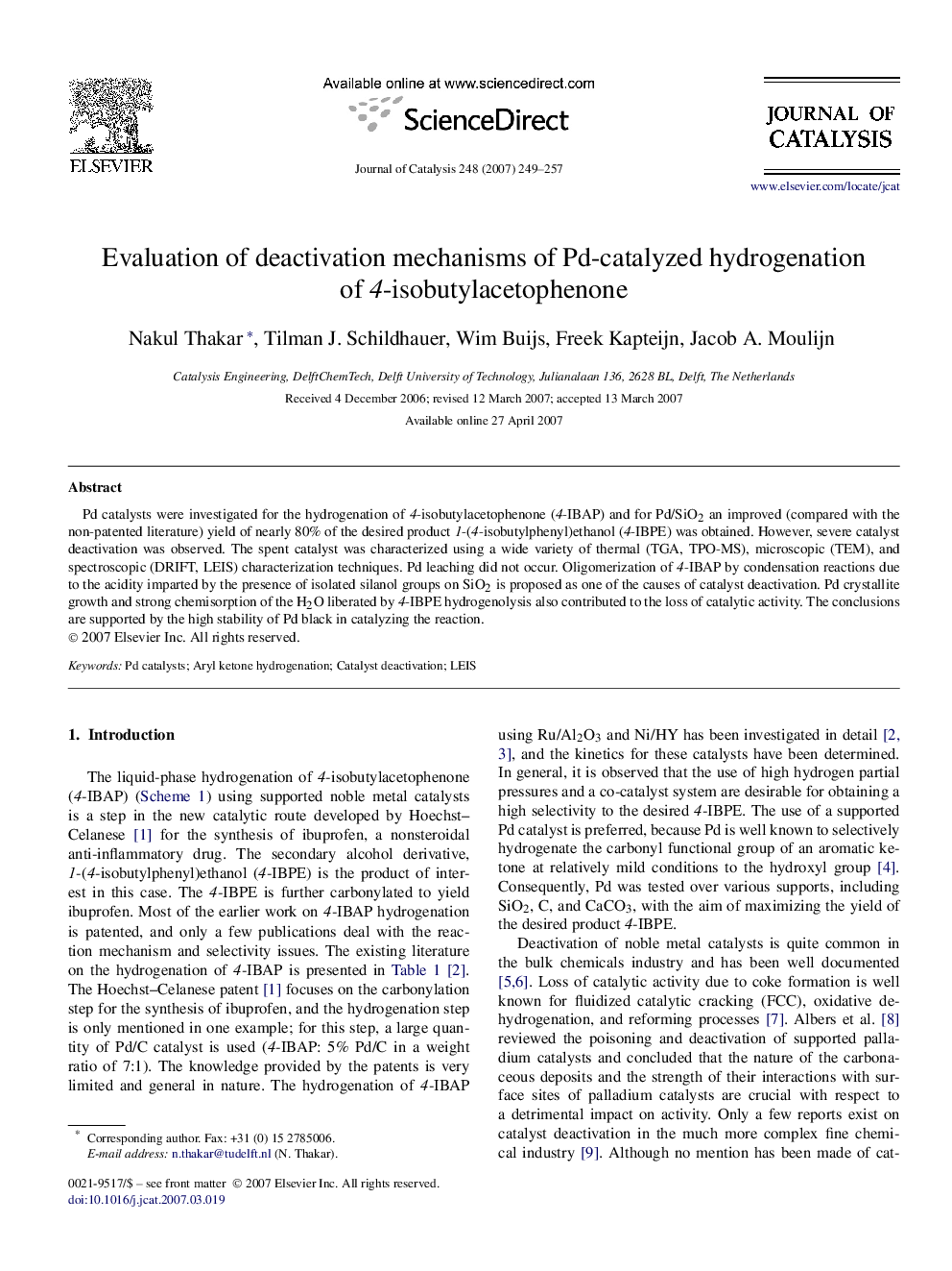 Evaluation of deactivation mechanisms of Pd-catalyzed hydrogenation of 4-isobutylacetophenone