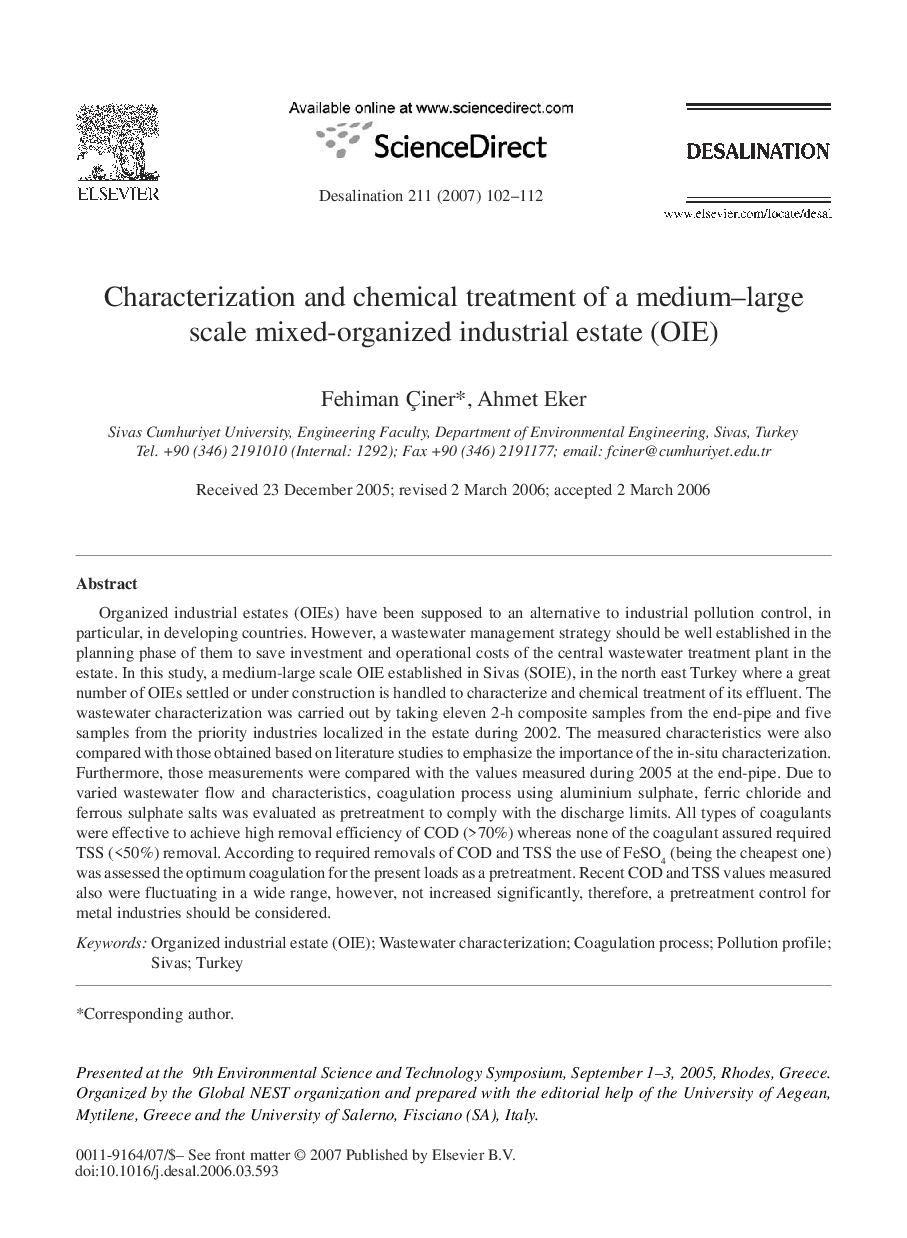 Characterization and chemical treatment of a medium–large scale mixed-organized industrial estate (OIE)