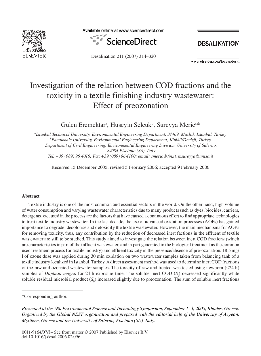 Investigation of the relation between COD fractions and the toxicity in a textile finishing industry wastewater: Effect of preozonation