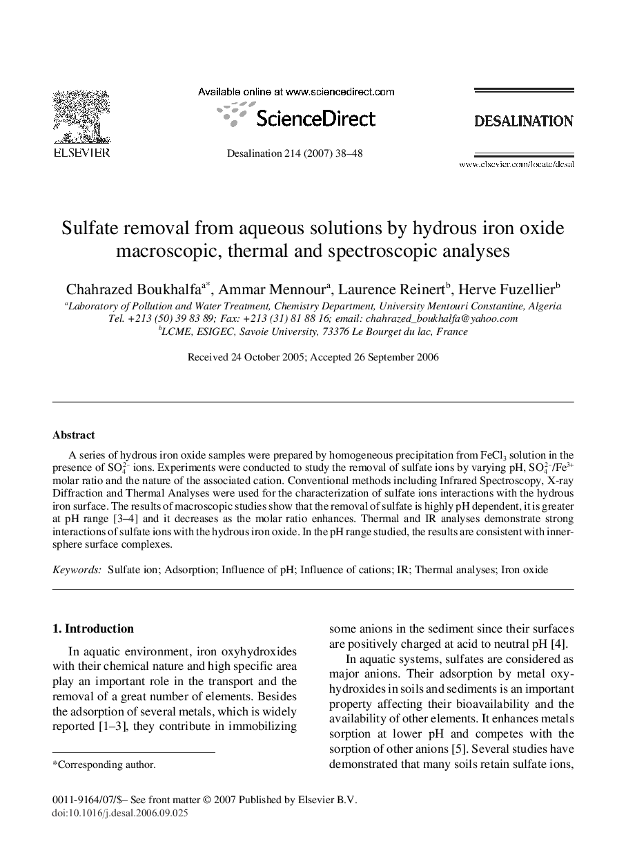 Sulfate removal from aqueous solutions by hydrous iron oxide macroscopic, thermal and spectroscopic analyses