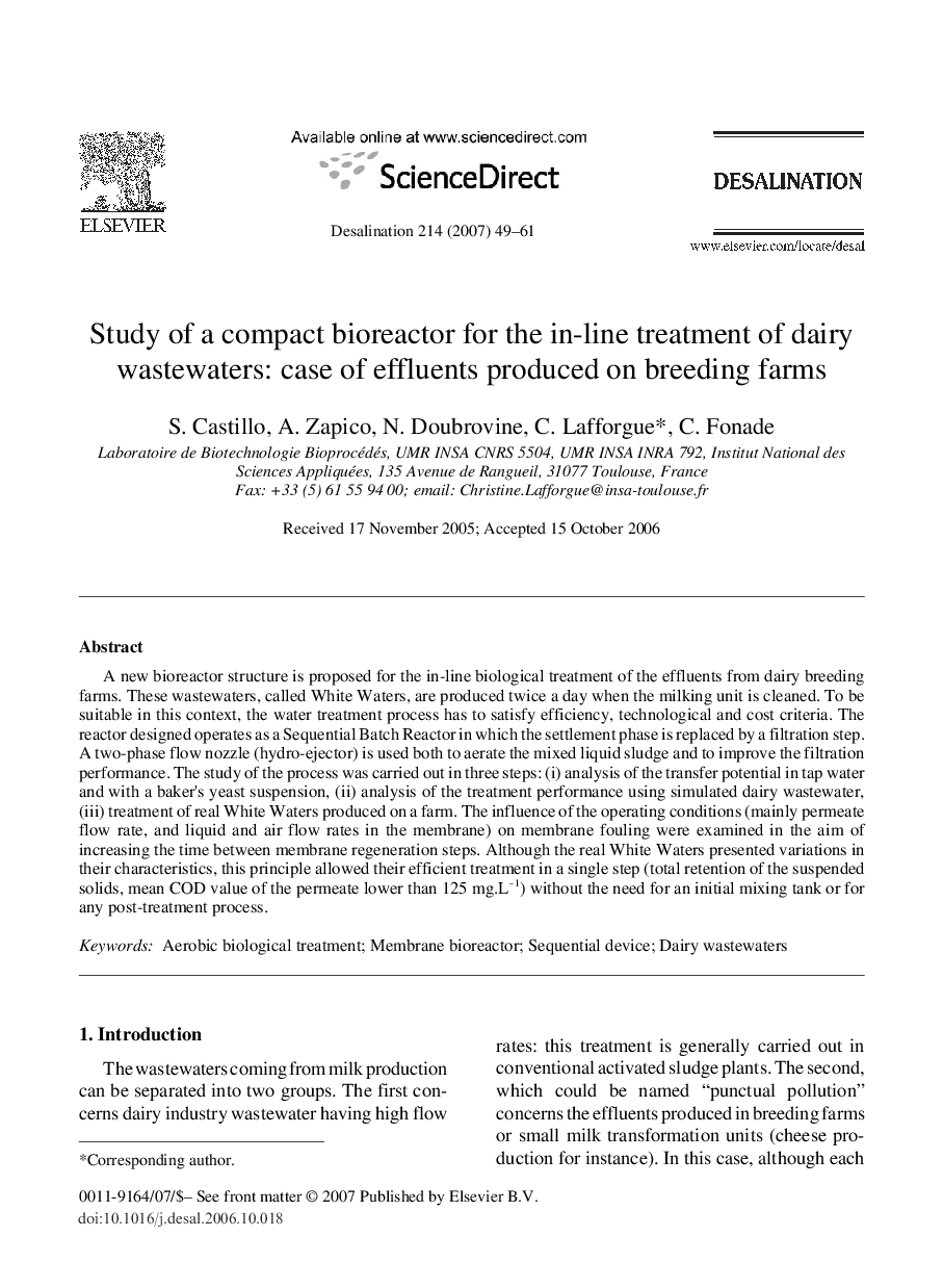 Study of a compact bioreactor for the in-line treatment of dairy wastewaters: case of effluents produced on breeding farms