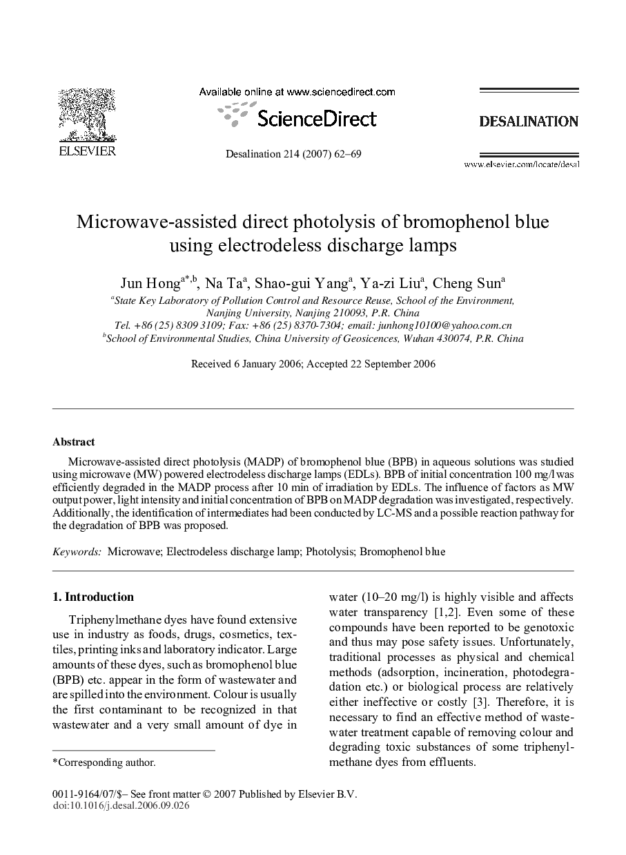 Microwave-assisted direct photolysis of bromophenol blue using electrodeless discharge lamps